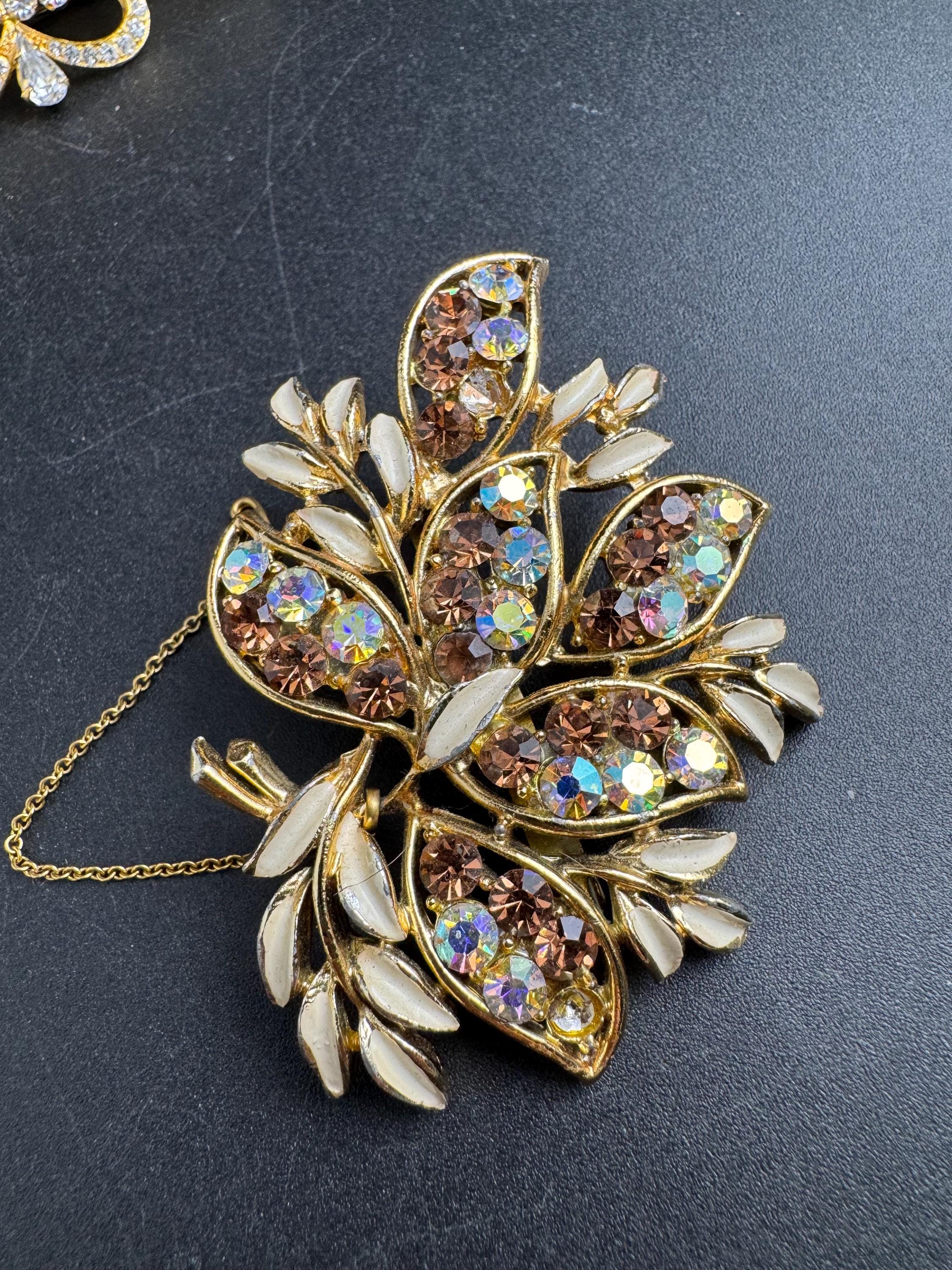 Cream AB rhinestone floral brooch, vintage floral enamel design