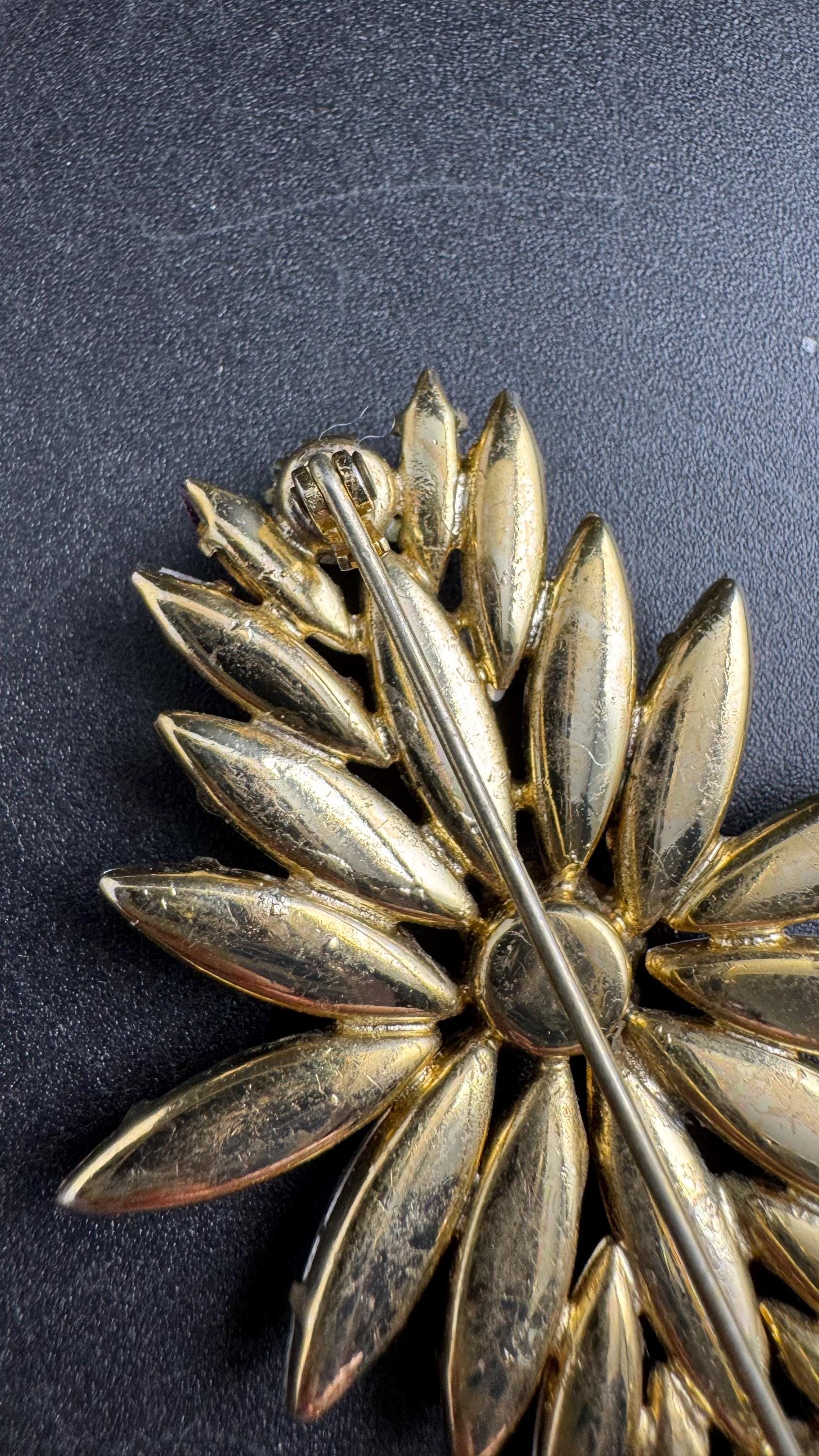 Bright pink AB rhinestone brooch, 5.5cm gold tone vintage Navette crystal