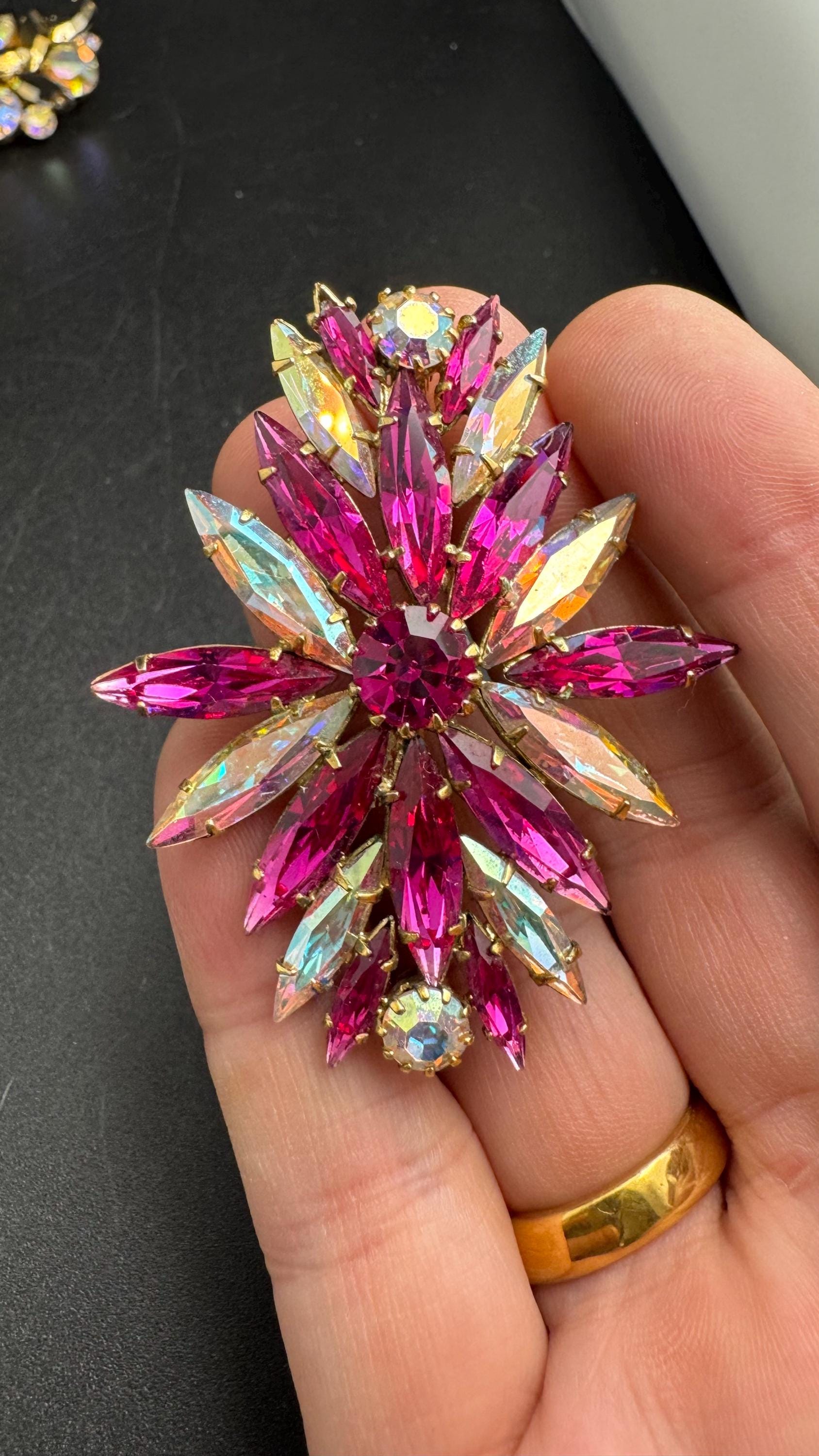 Bright pink AB rhinestone brooch, 5.5cm gold tone vintage Navette crystal