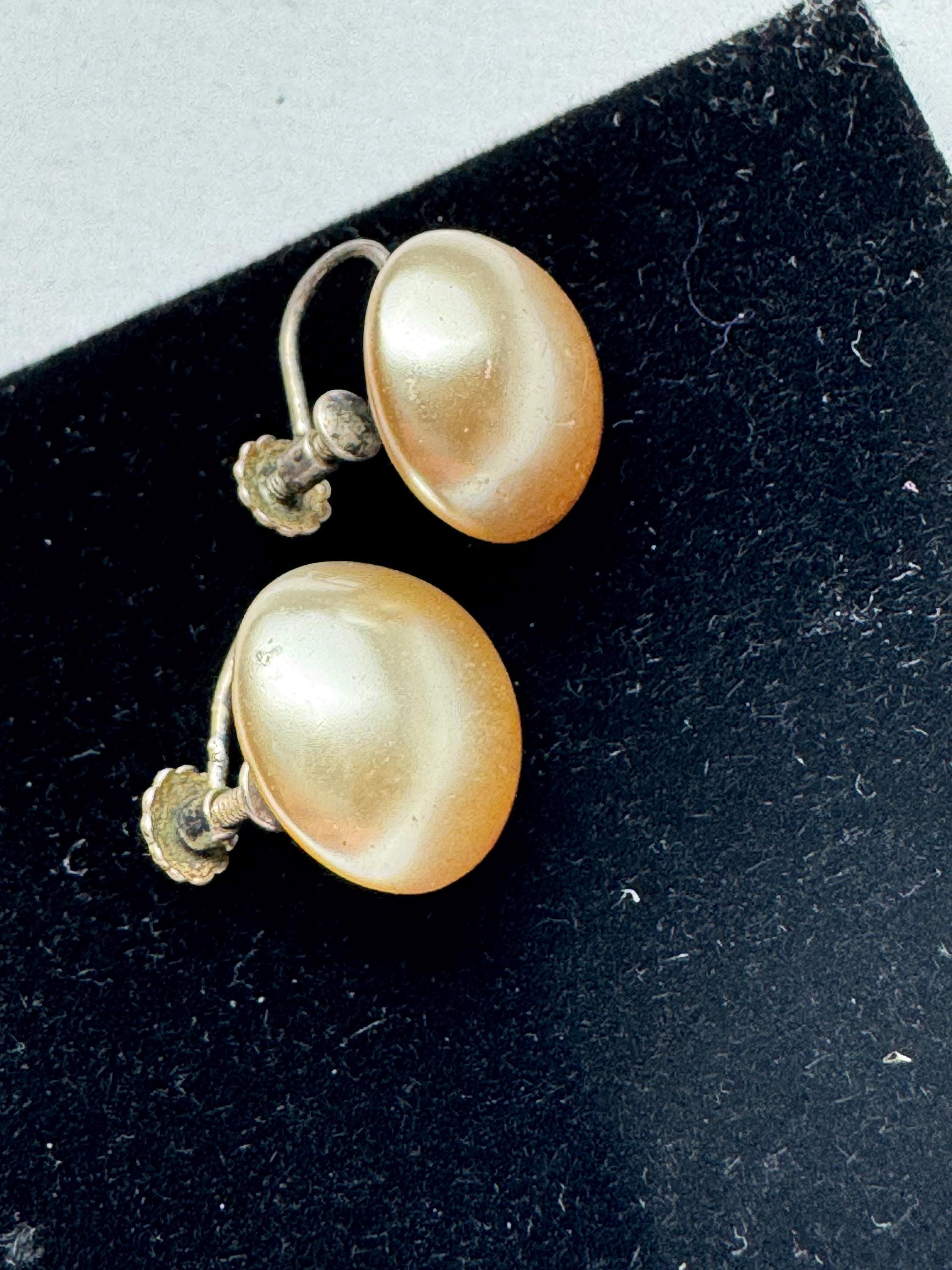 925 pearl clip on earrings, sterling silver glass beads on screwback fitting