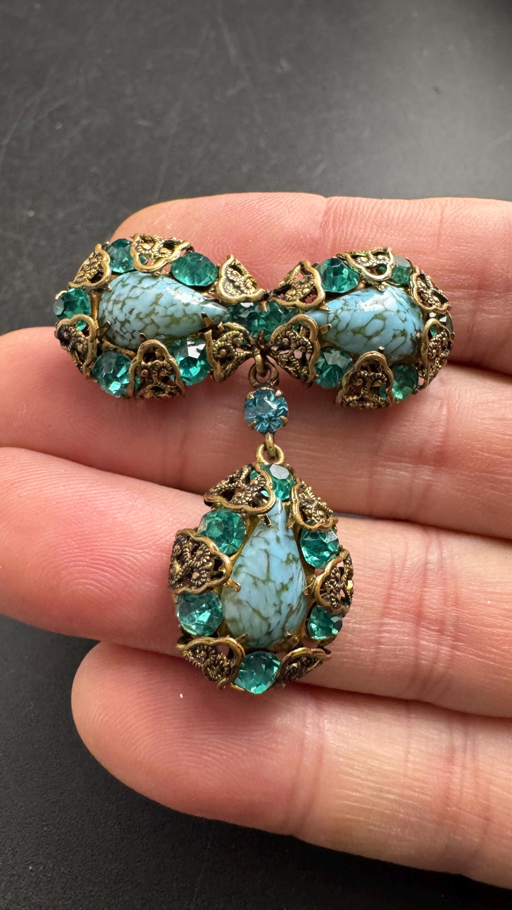 Czech emerald filigree dropper brooch, turquoise blue rhinestone teardrop Peking glass Art Deco
