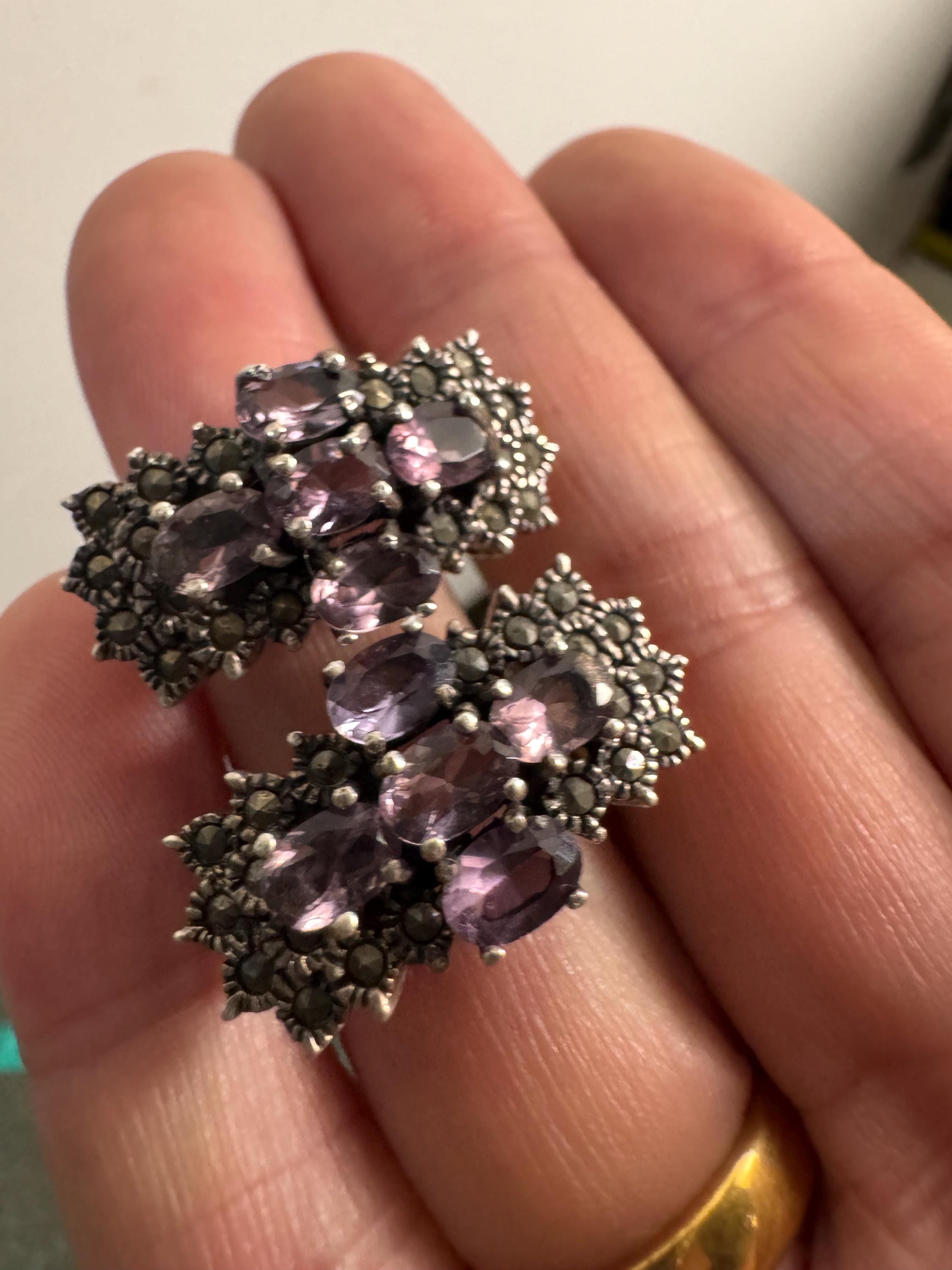 925 amethyst clip on earrings, sterling silver weighty clips 17 grams