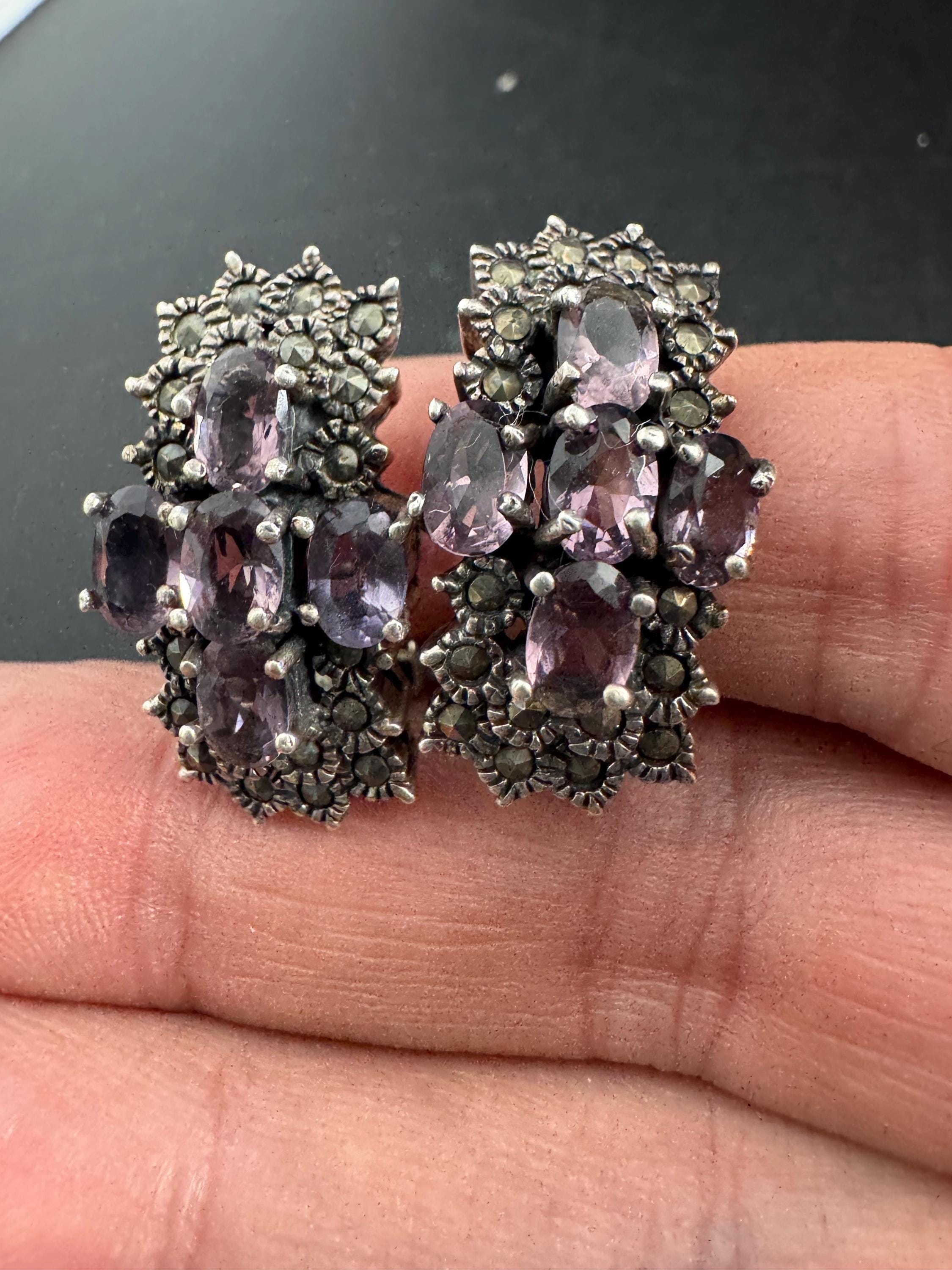 925 amethyst clip on earrings, sterling silver weighty clips 17 grams