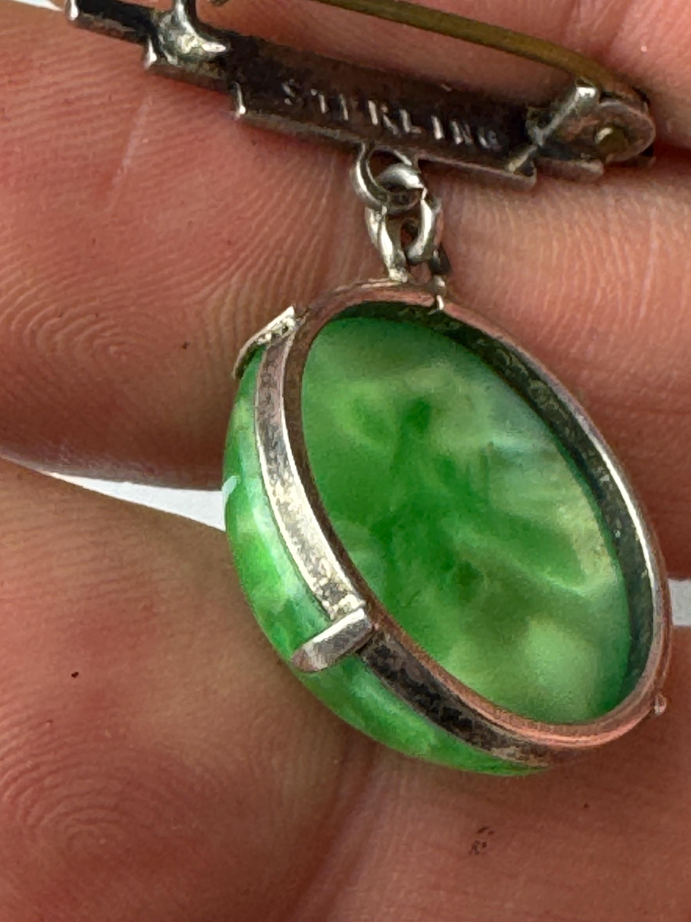 Victorian gemstone silver dropper brooch, 925 sterling jadeite or agate pin with a c clasp