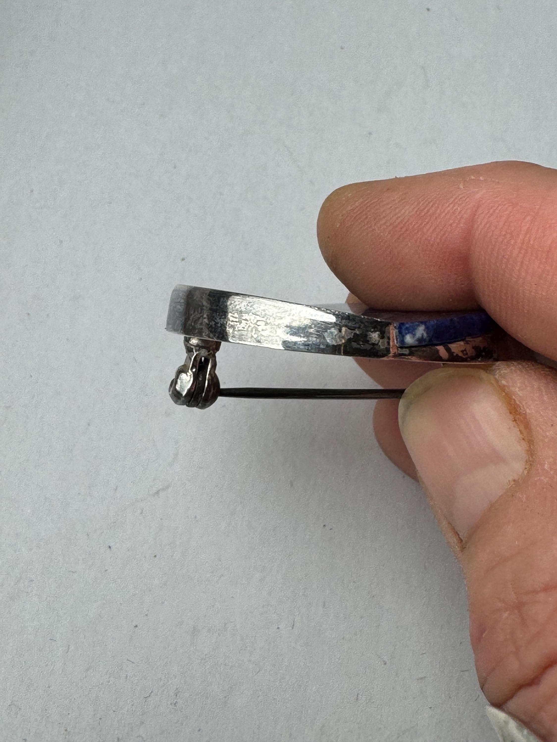 Antique 835 sodalite modernist brooch, German silver blue gemstone