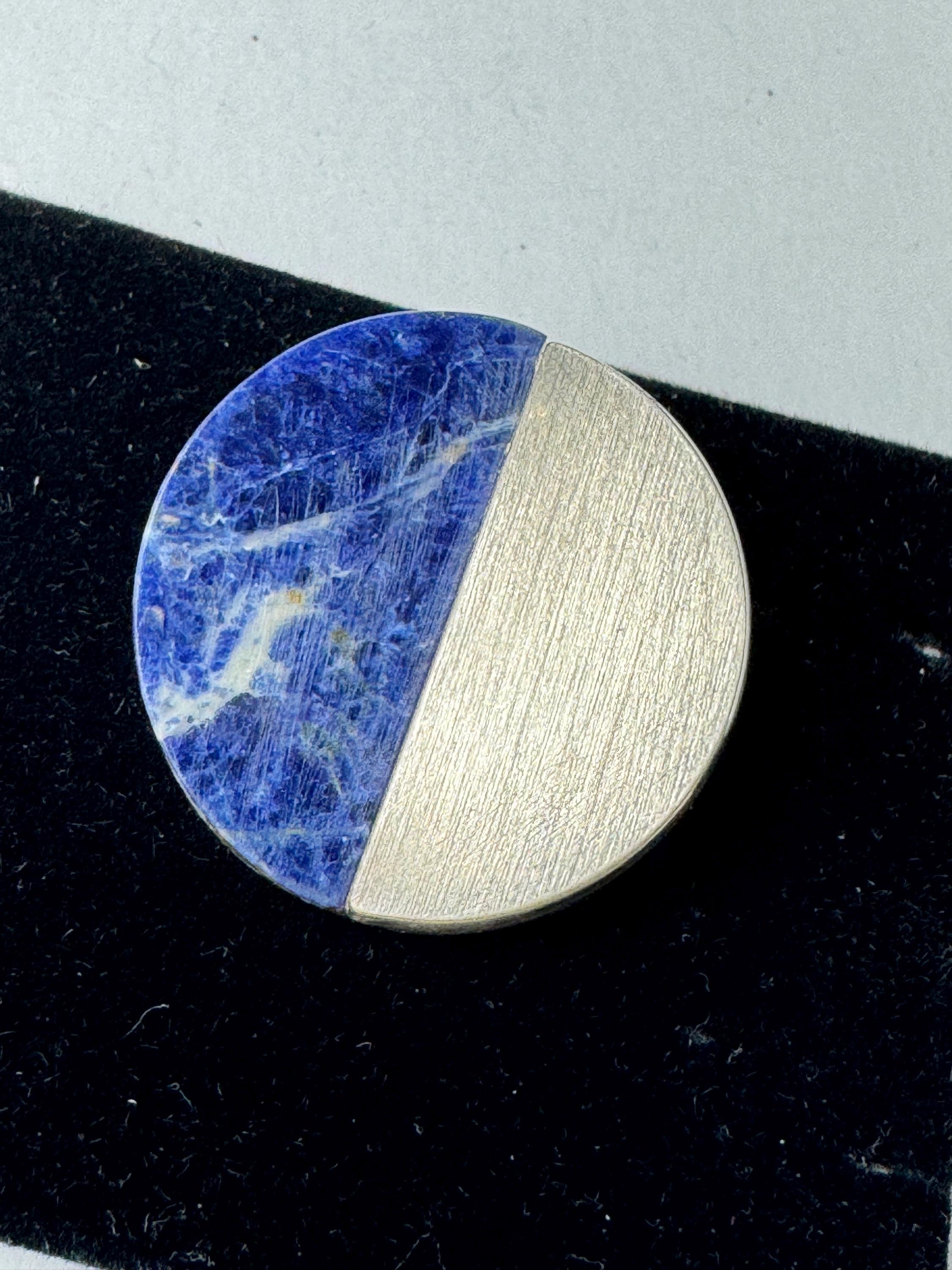 Antique 835 sodalite modernist brooch, German silver blue gemstone