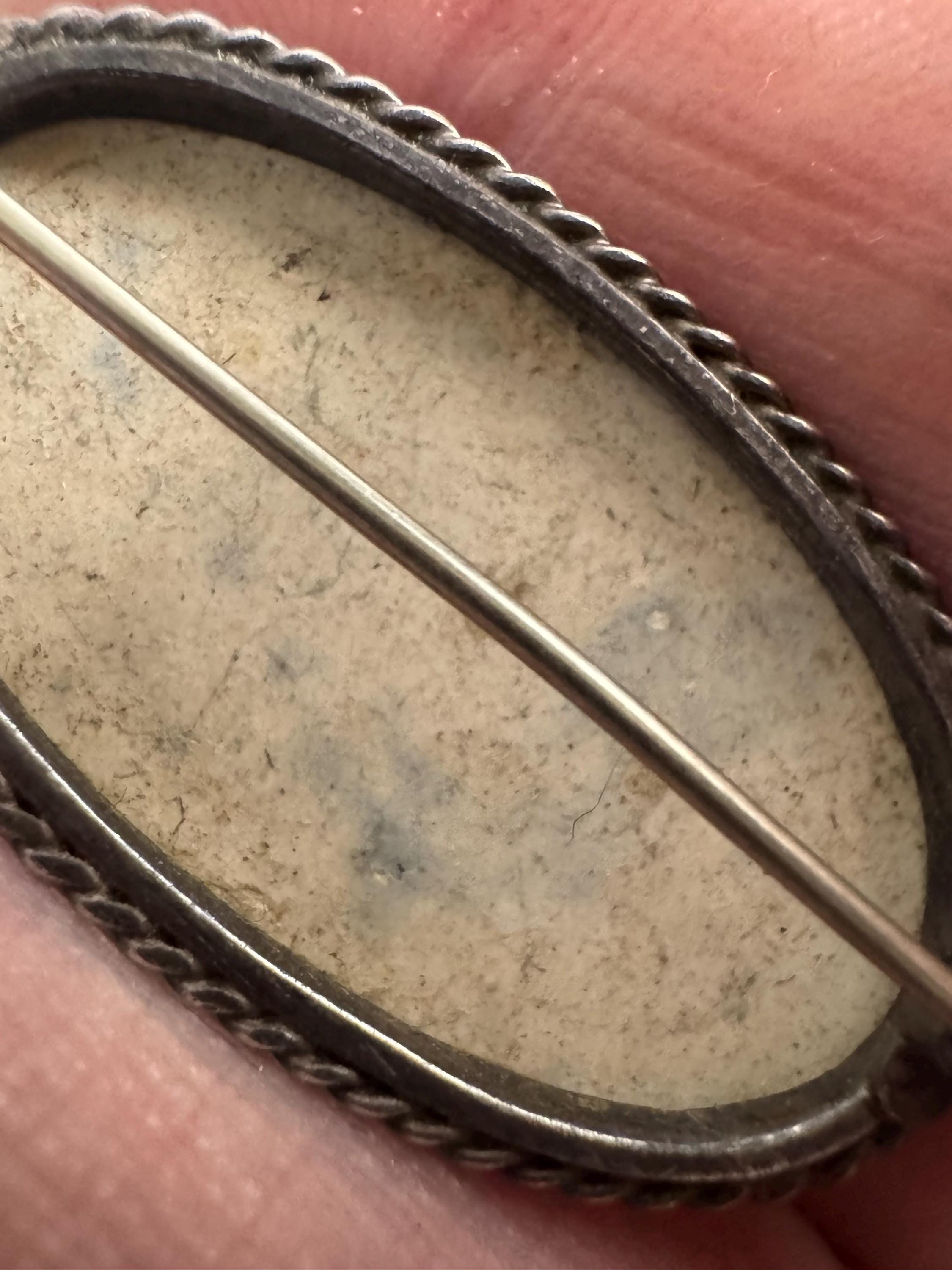 Antique delft pottery silver brooch, c clasp white metal pin