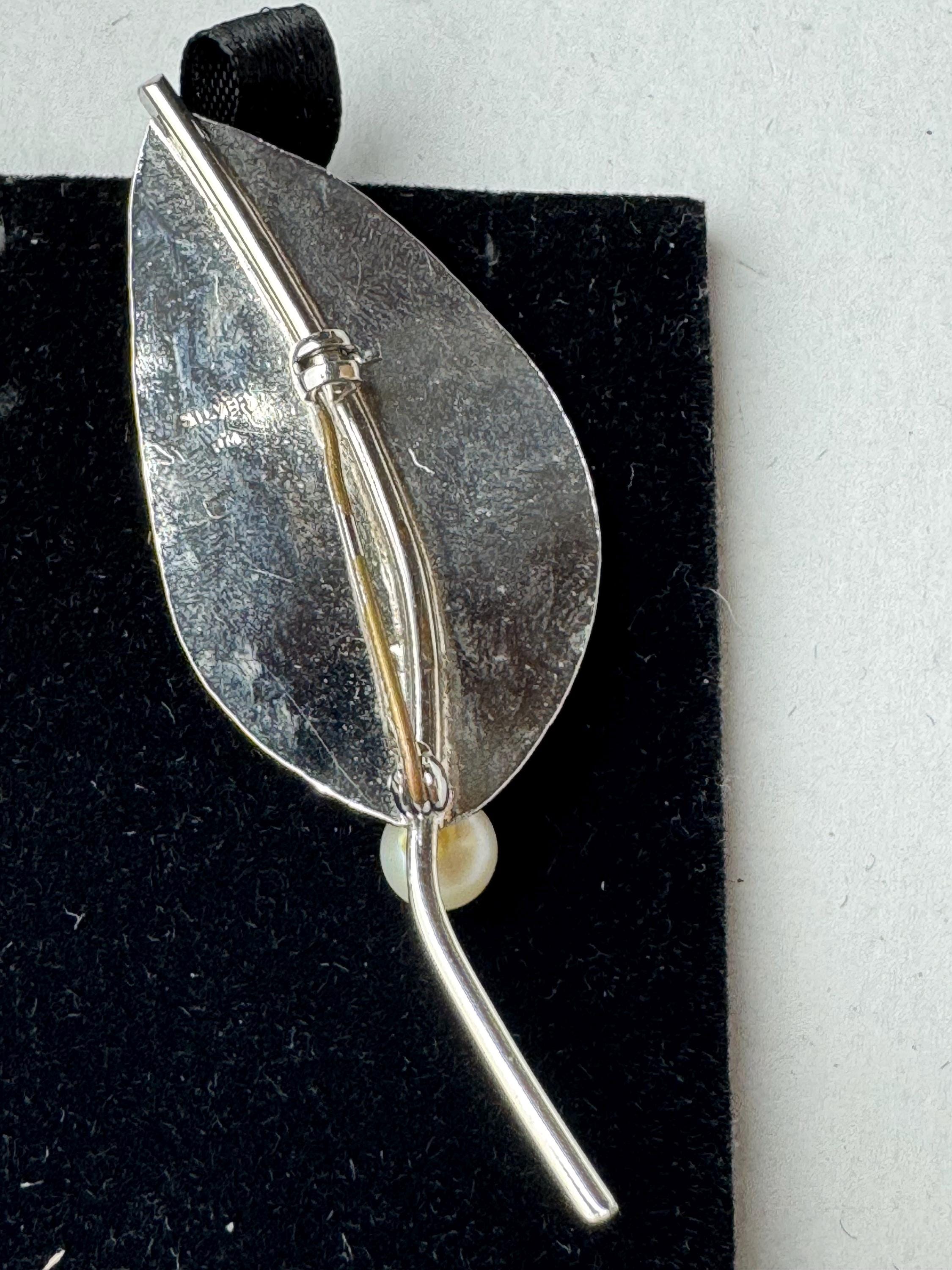 925 signed silver leaf brooch, cultured pearl signed PM, krementz pin