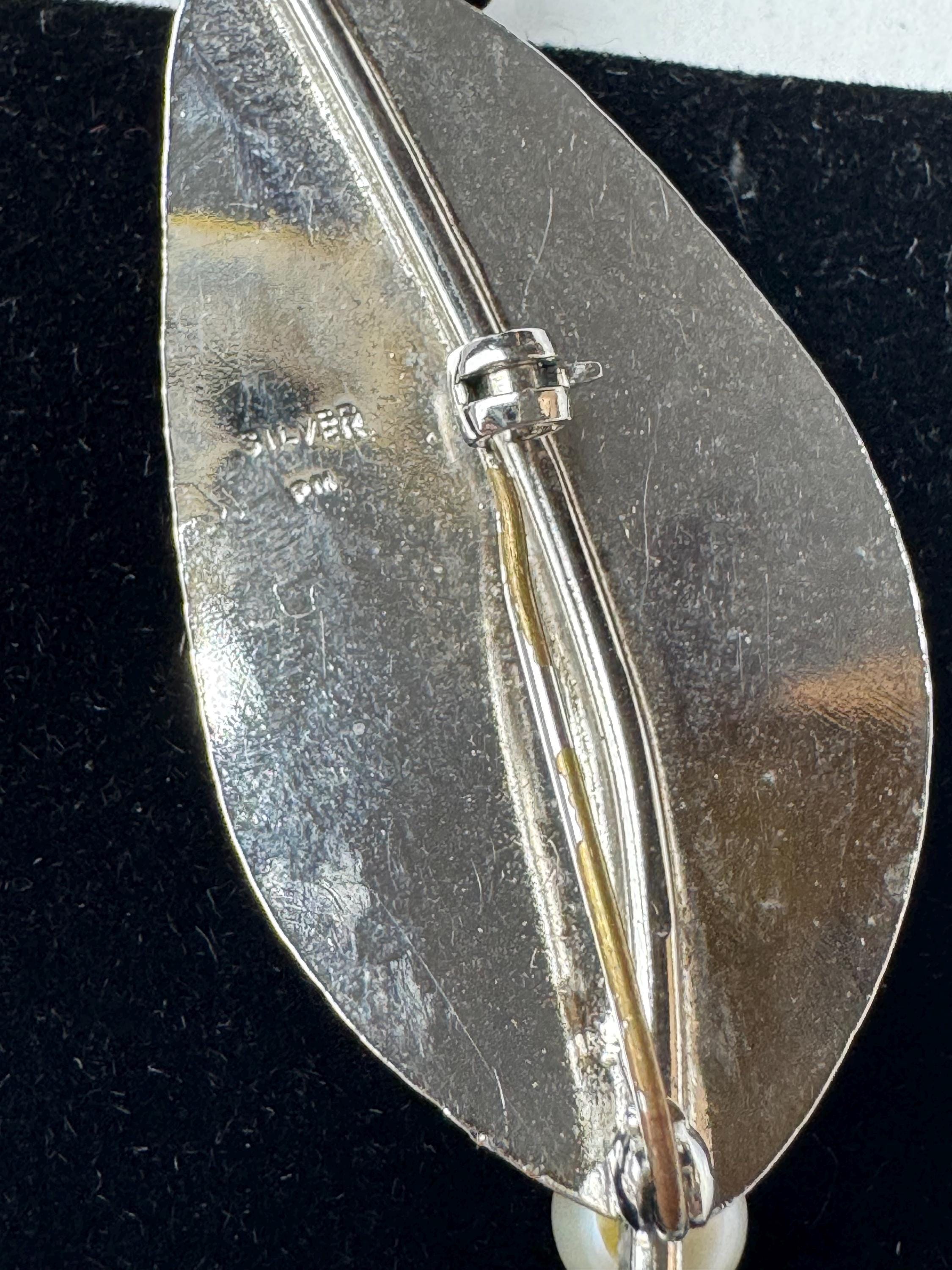 925 signed silver leaf brooch, cultured pearl signed PM, krementz pin