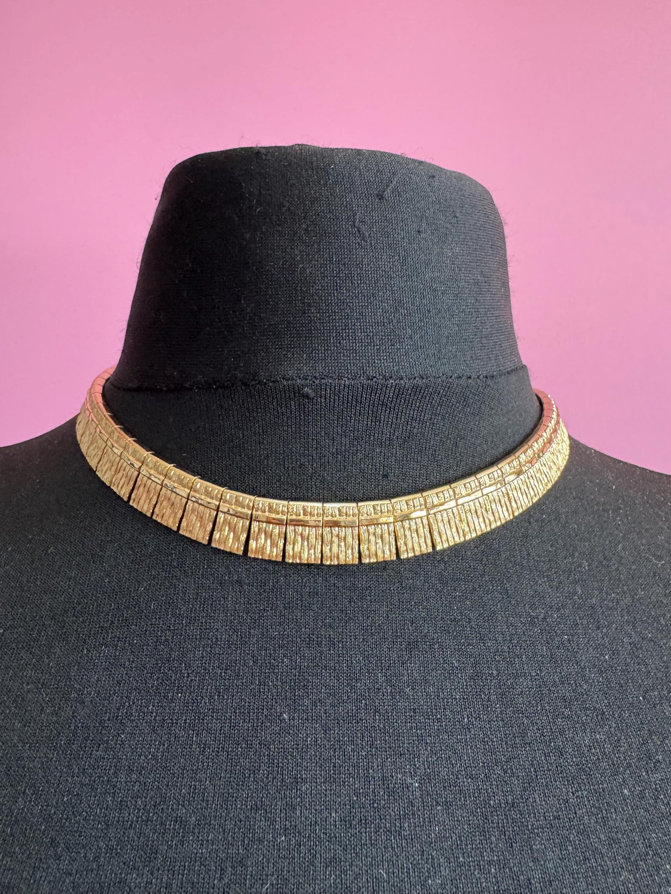 Egyptian wide gold choker necklace, cleopatra fringed style vintage