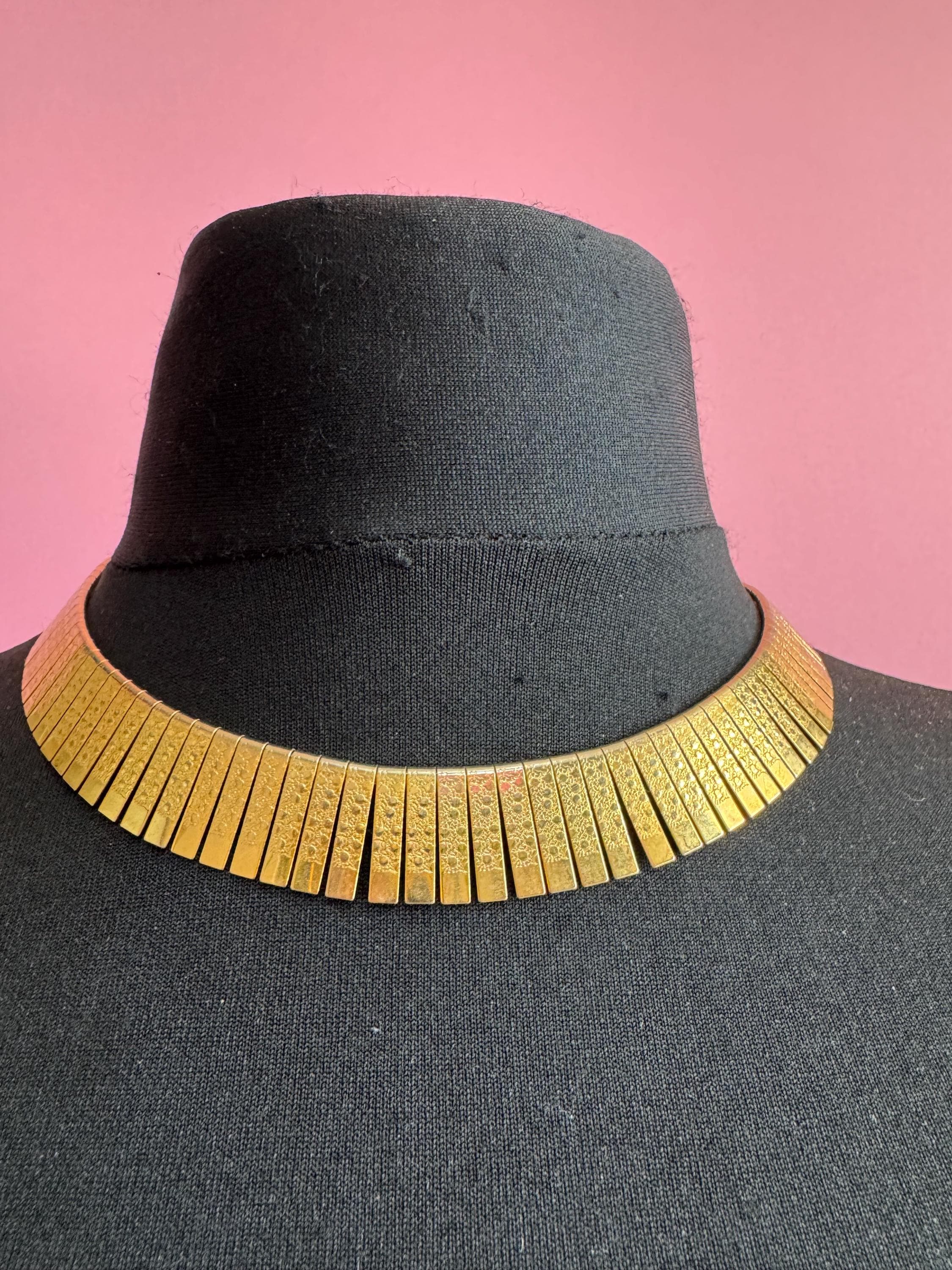 Egyptian wide gold choker necklace, cleopatra fringed style vintage
