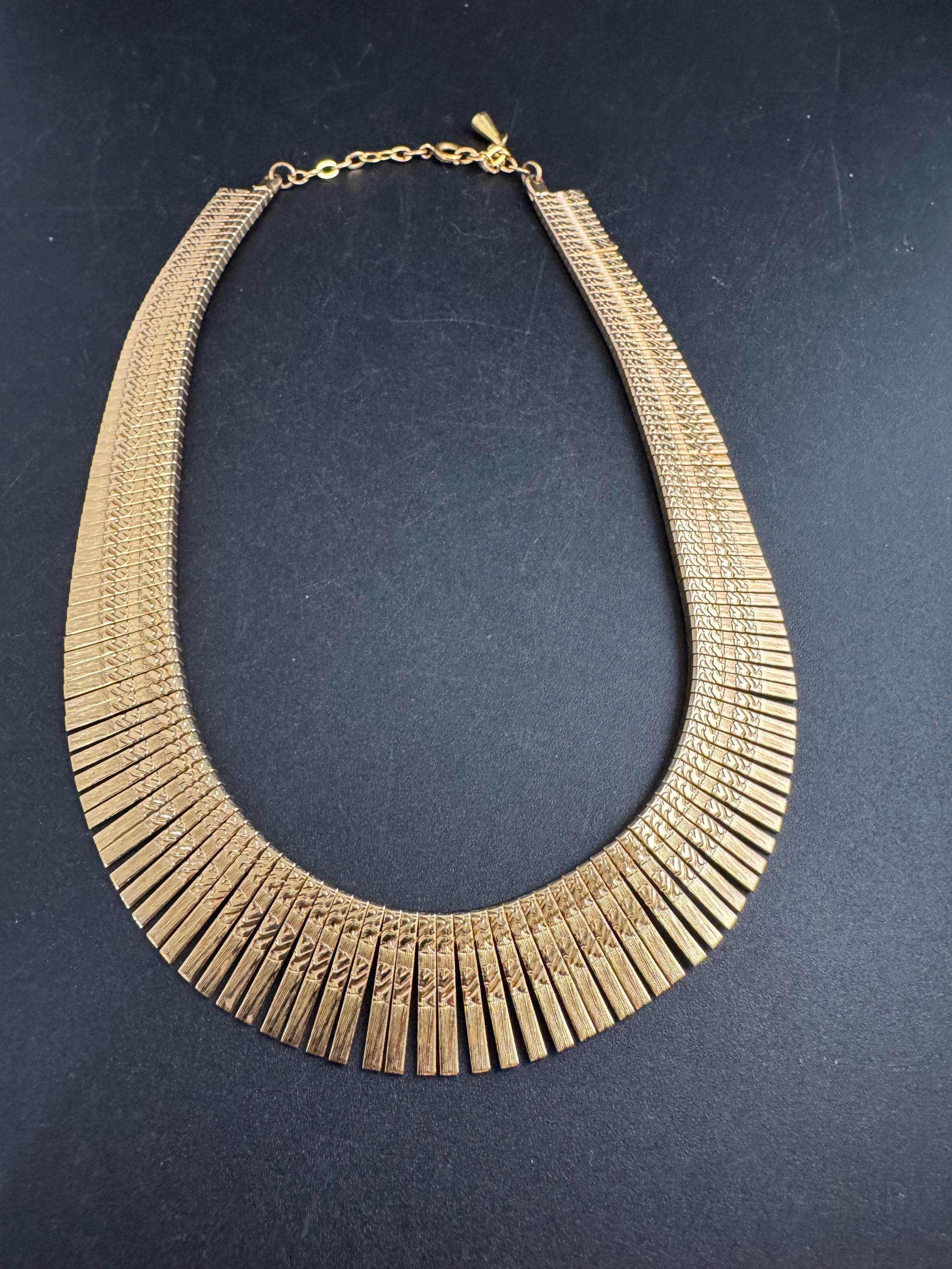 Egyptian wide gold choker necklace, cleopatra fringed style vintage