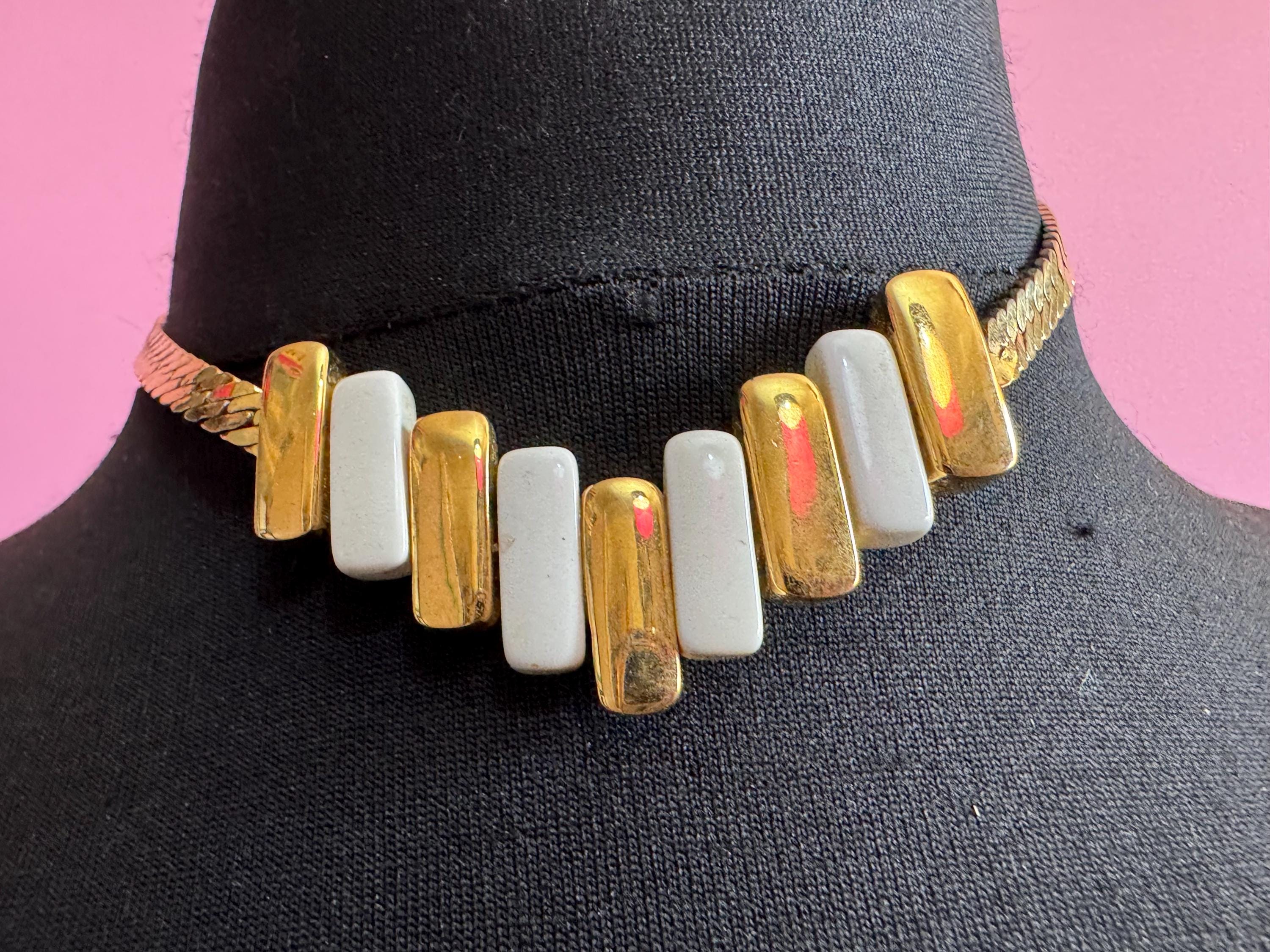 white enamel gold choker, vintage wide link panel necklace 40cm