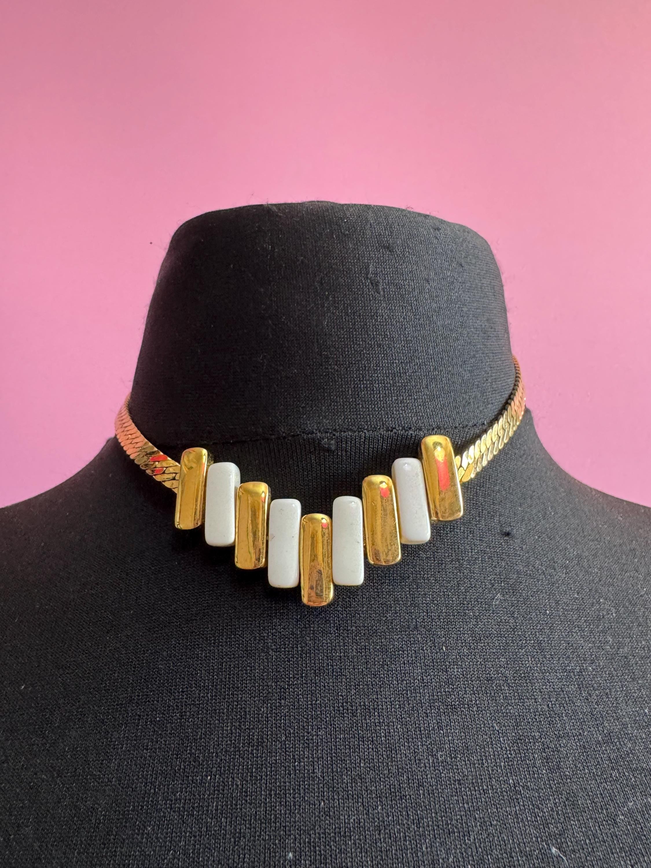 white enamel gold choker, vintage wide link panel necklace 40cm