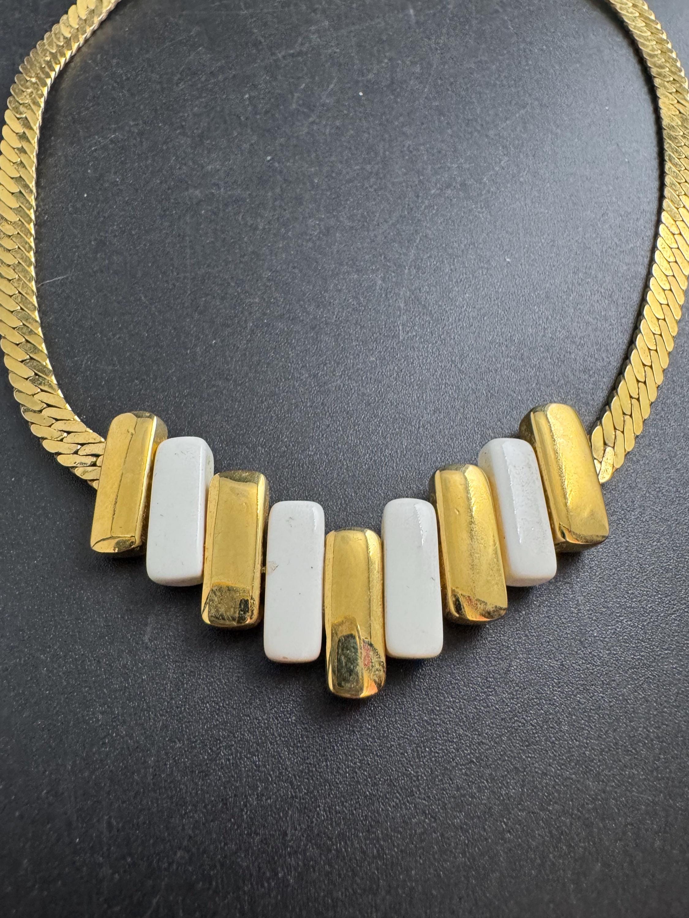 white enamel gold choker, vintage wide link panel necklace 40cm