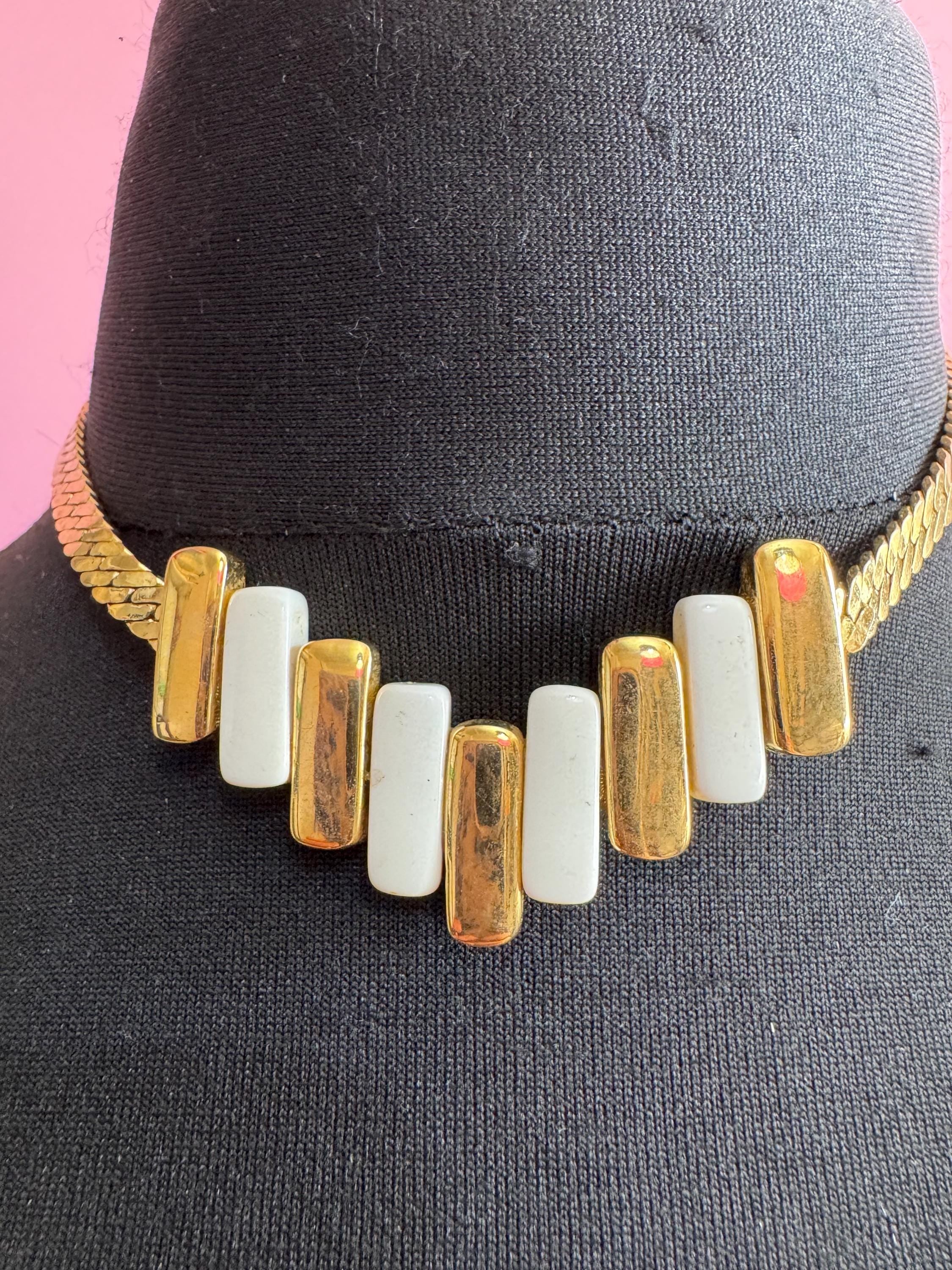 white enamel gold choker, vintage wide link panel necklace 40cm