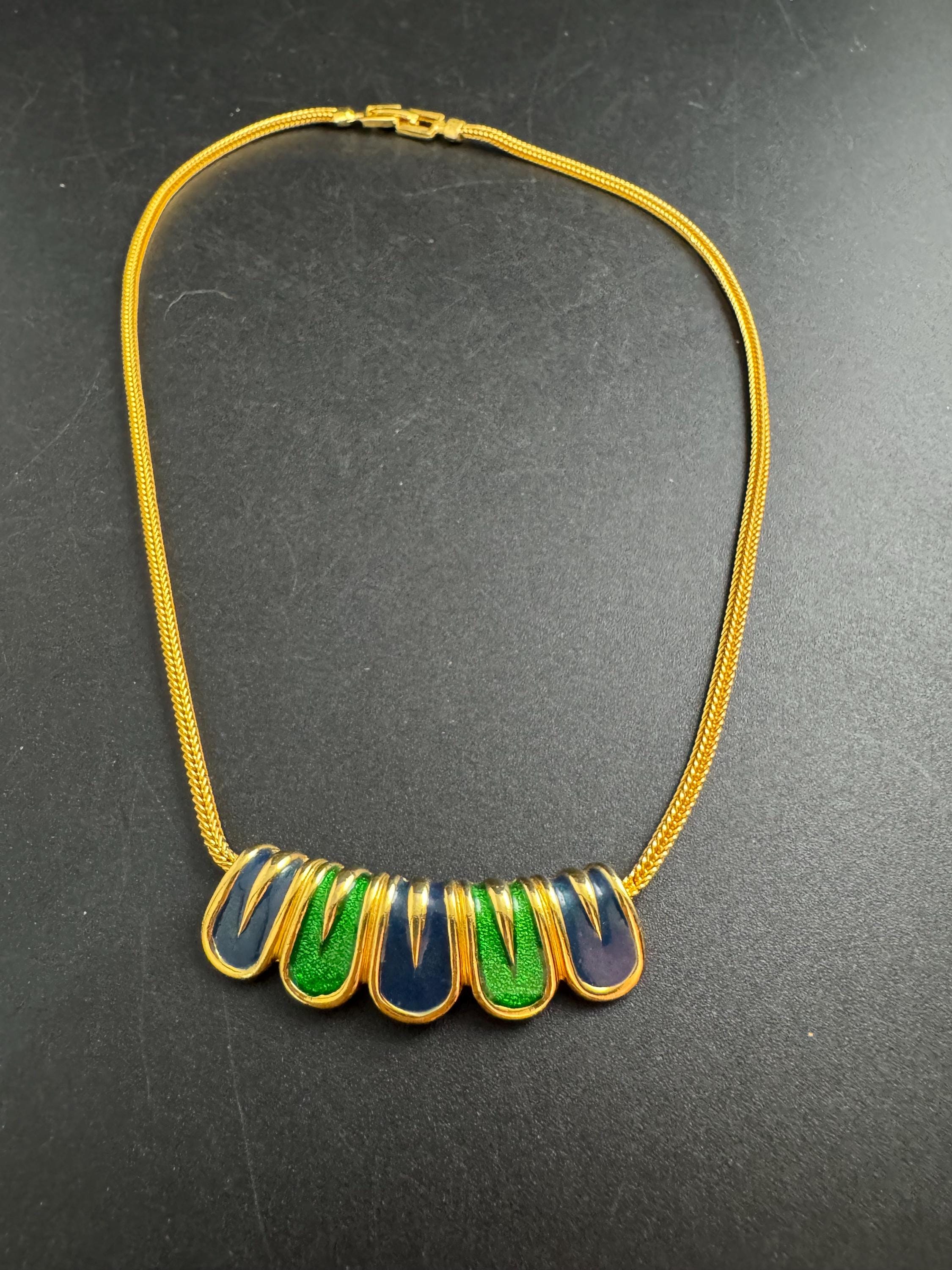 Jomaz blue and green enamel necklace, vintage signed gold chain collar