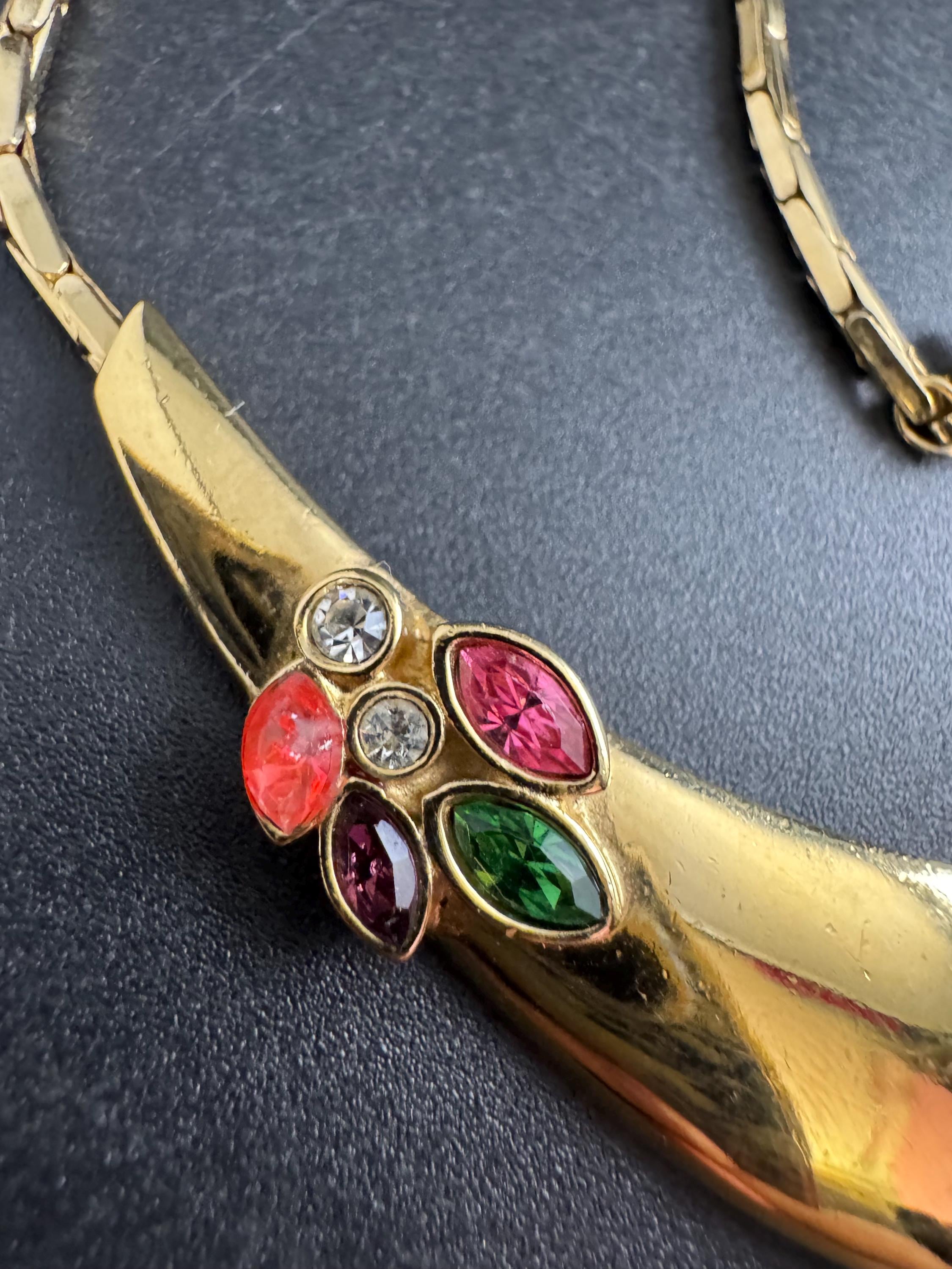 Bergdorf Goodman gold rhinestone Choker, Signed BG necklace coloured crystals