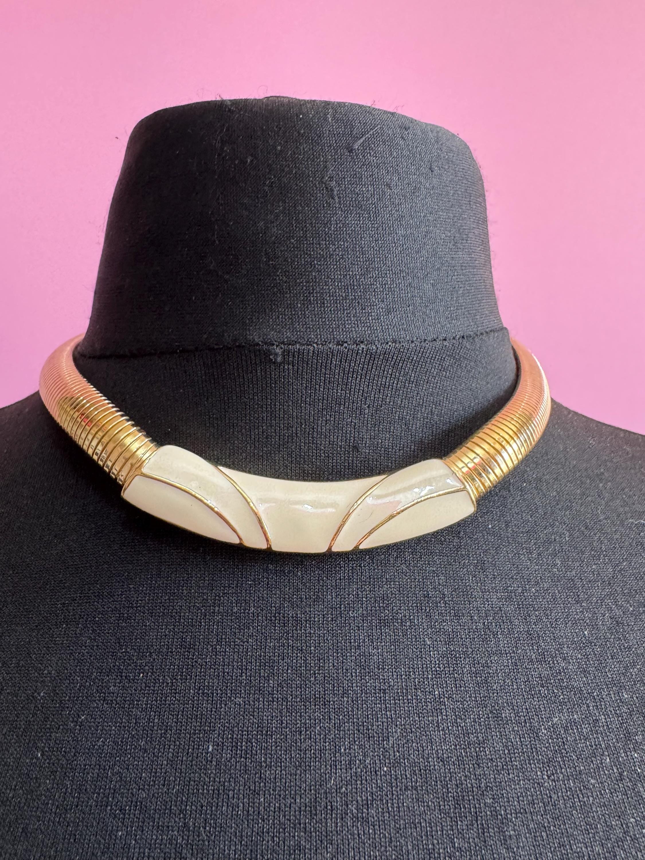 TRIFARI Cream enamel omega gold Choker, Vintage signed