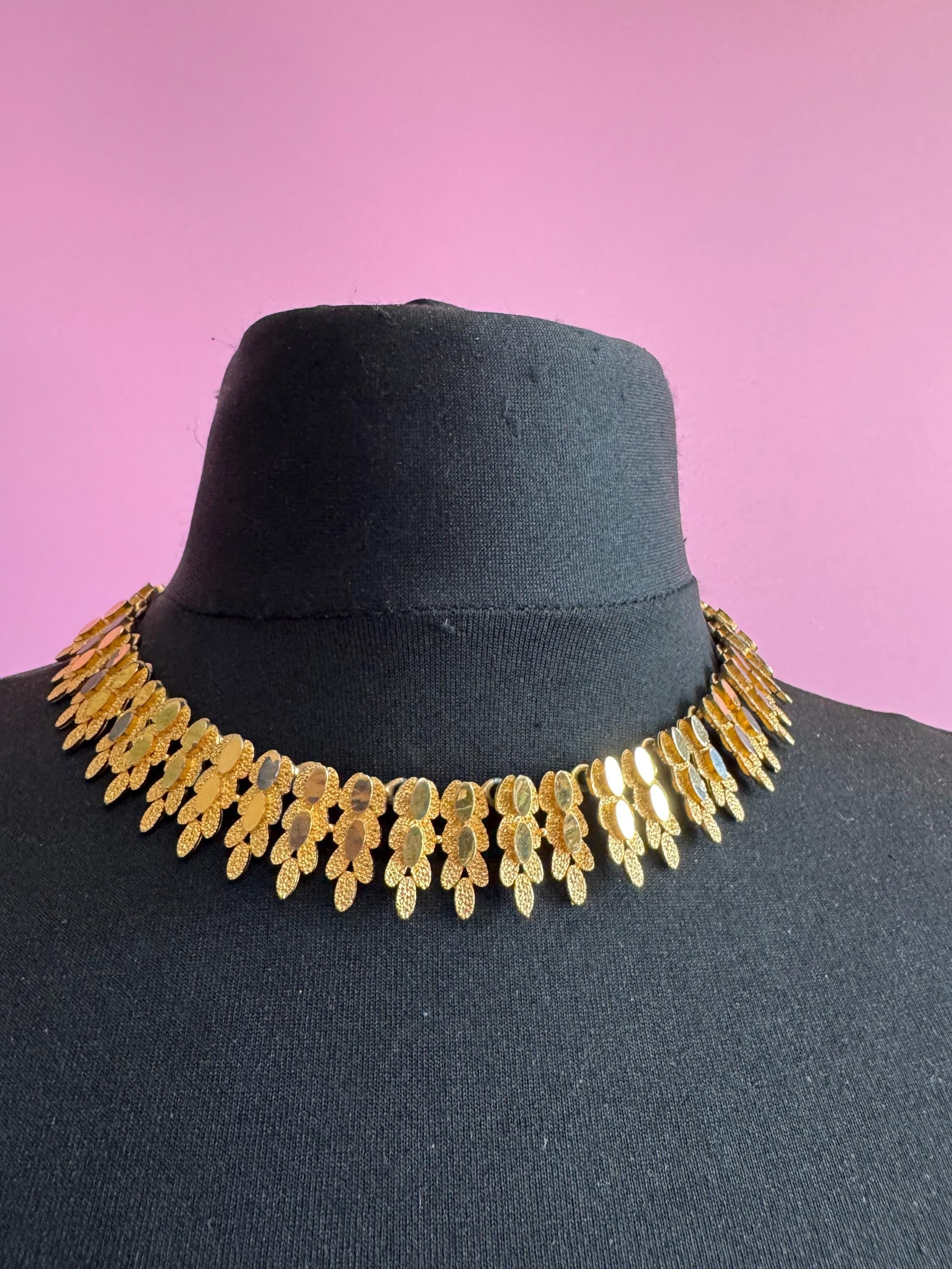 Vintage panel link brutalist choker necklace, gold tone set some plate loss
