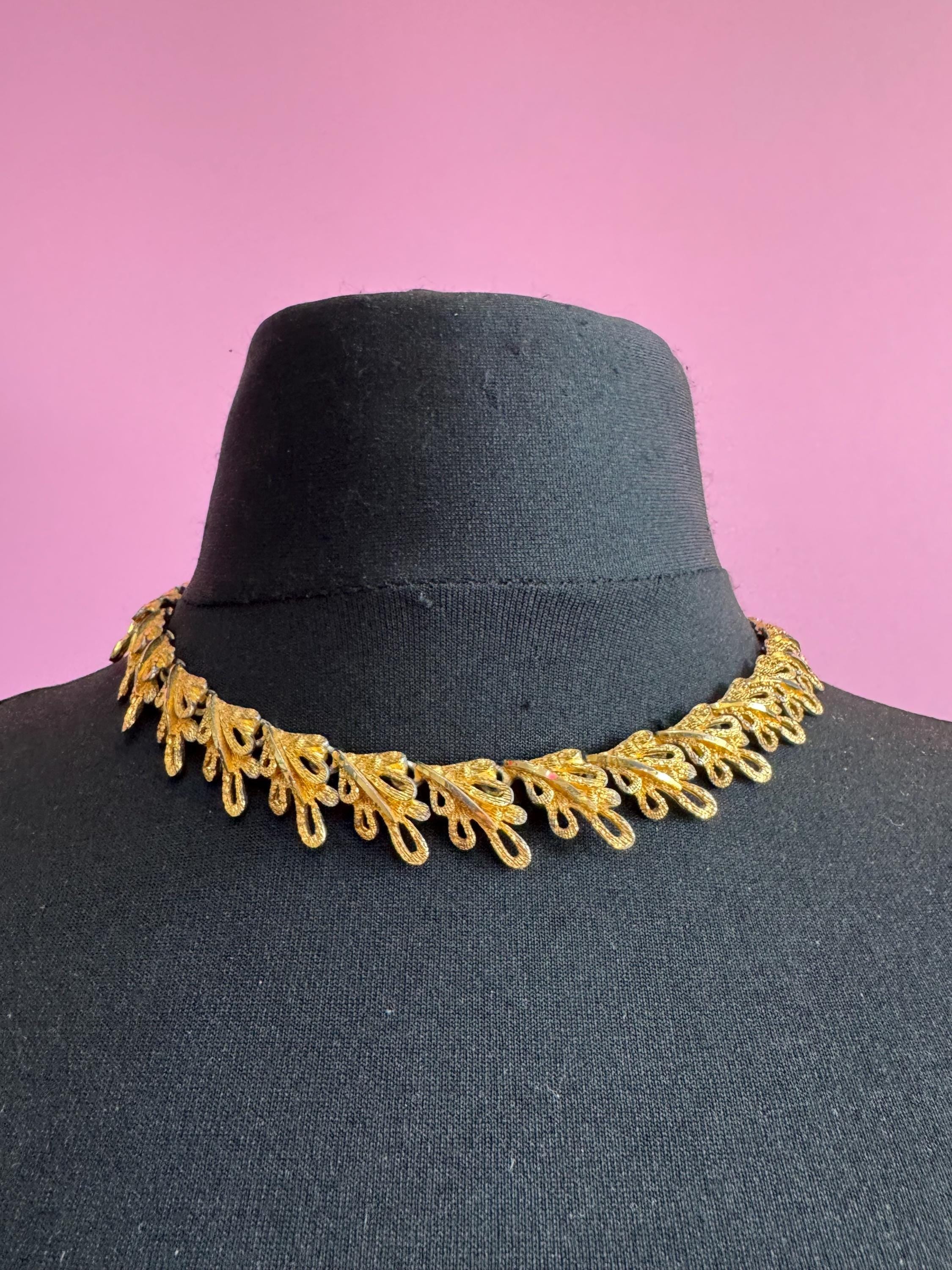 Vintage panel link brutalist choker necklace, gold tone set some plate loss