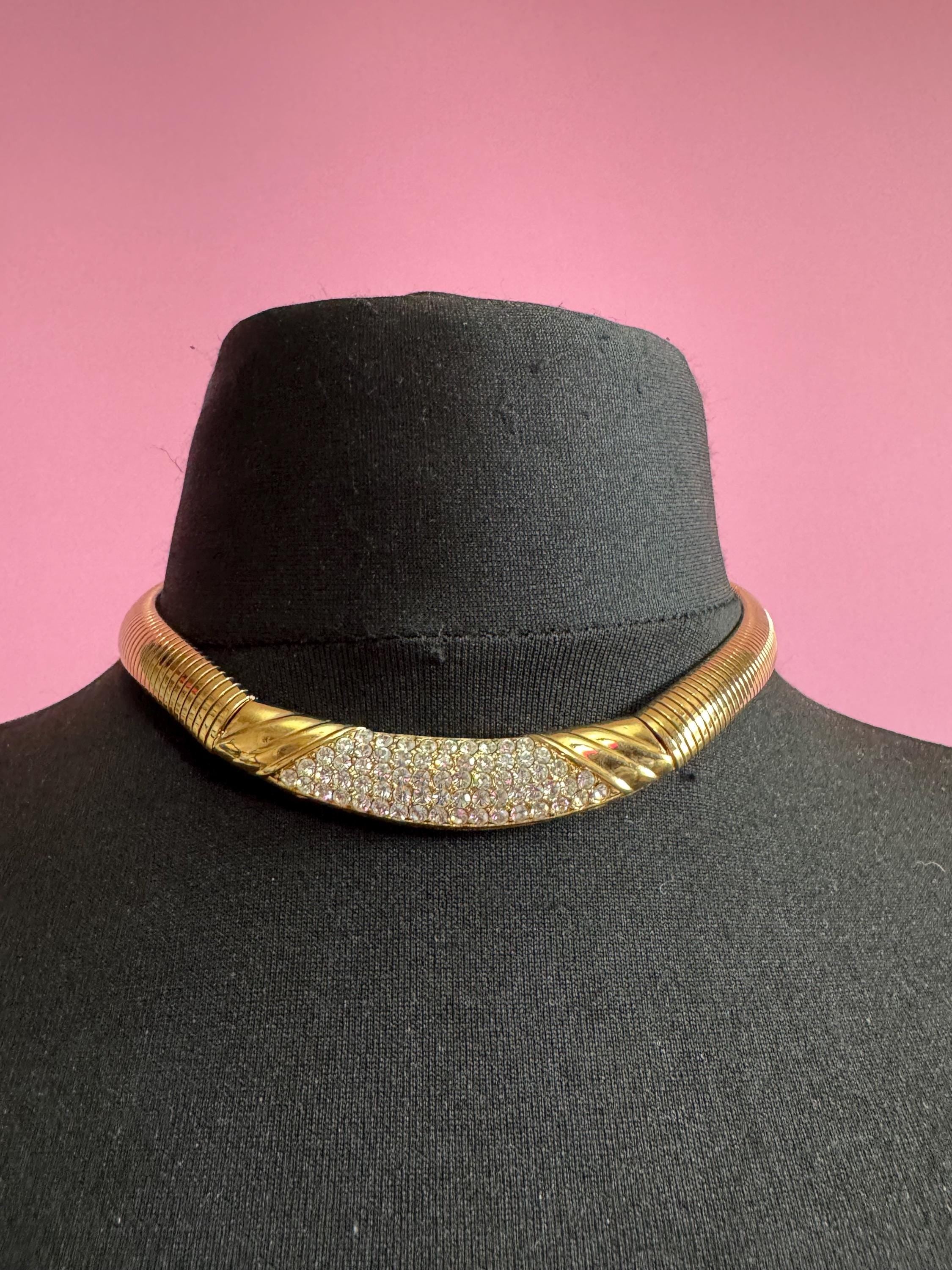 Rhinestone wide omega choker necklace, clear stones vintage 80s