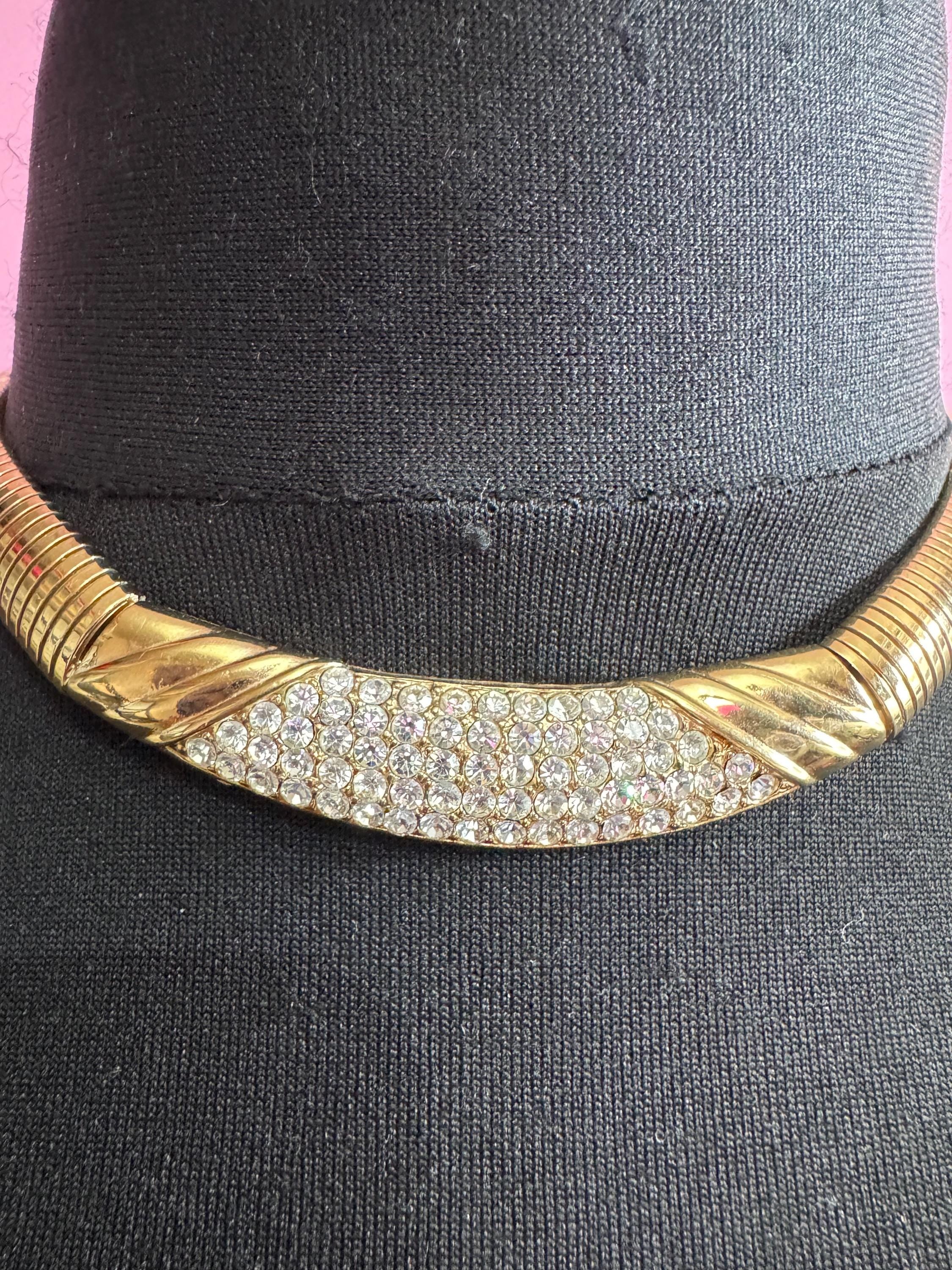 Rhinestone wide omega choker necklace, clear stones vintage 80s