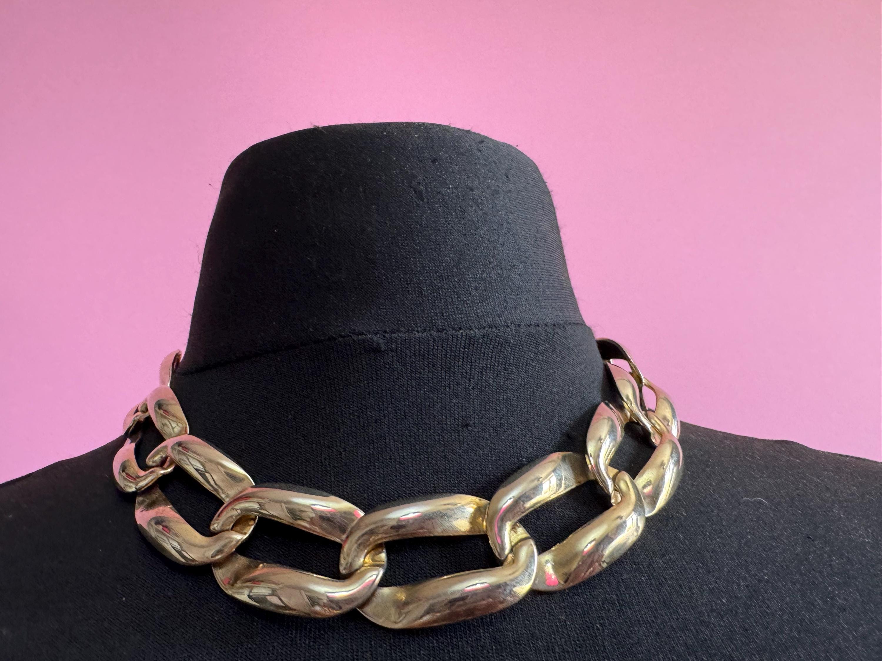 wide gold curb chain choker, chunky statement necklace 1980s