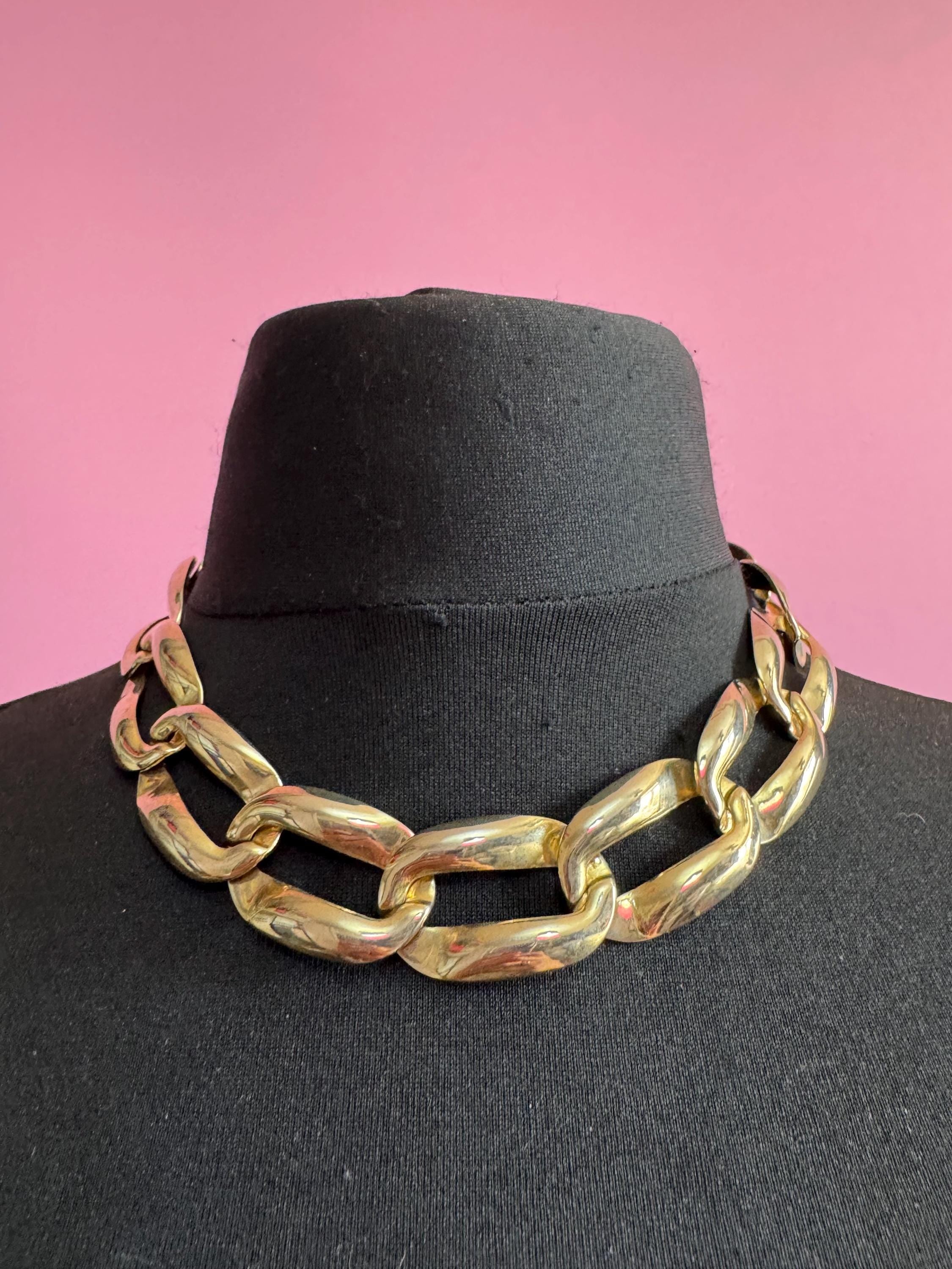 wide gold curb chain choker, chunky statement necklace 1980s