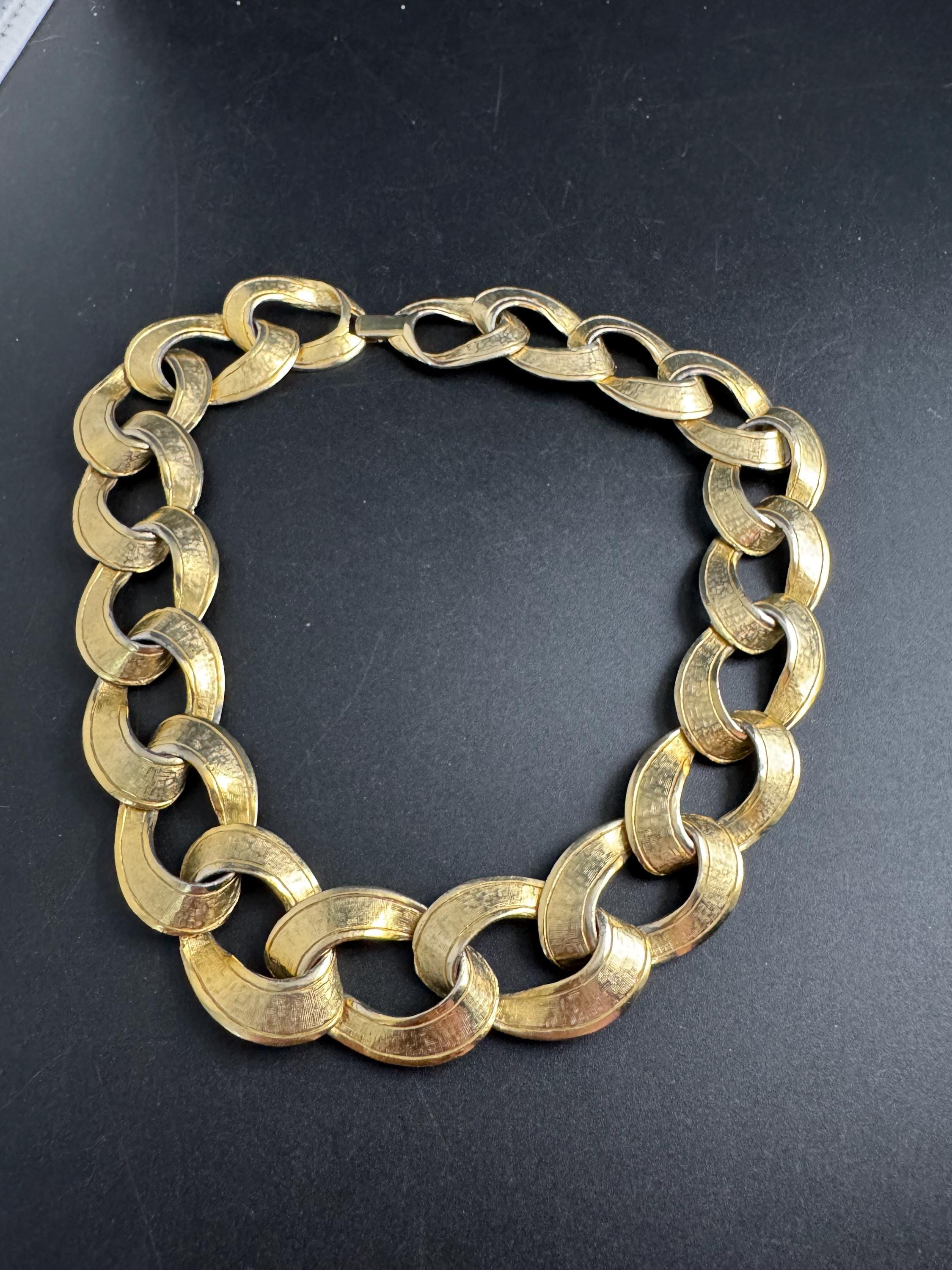 wide gold curb chain choker, chunky statement necklace 1980s