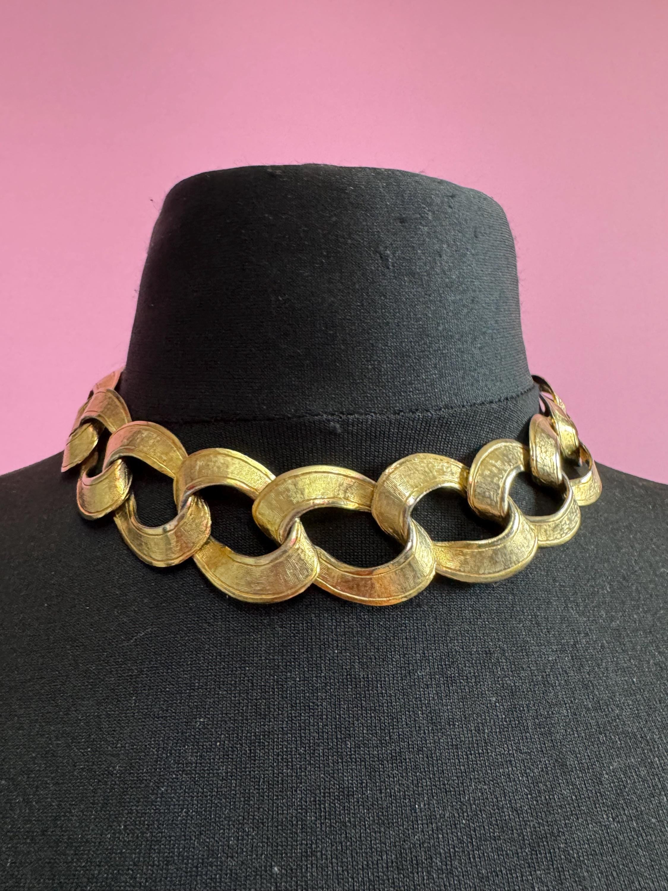 wide gold curb chain choker, chunky statement necklace 1980s