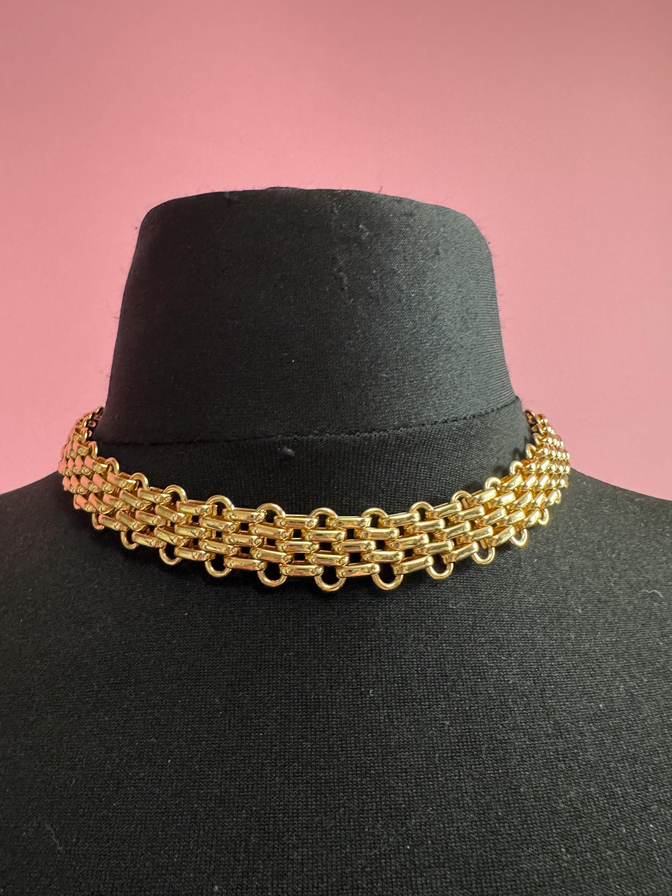 panther link wide gold choker necklace, brick link chain vintage 90s senorita clasp