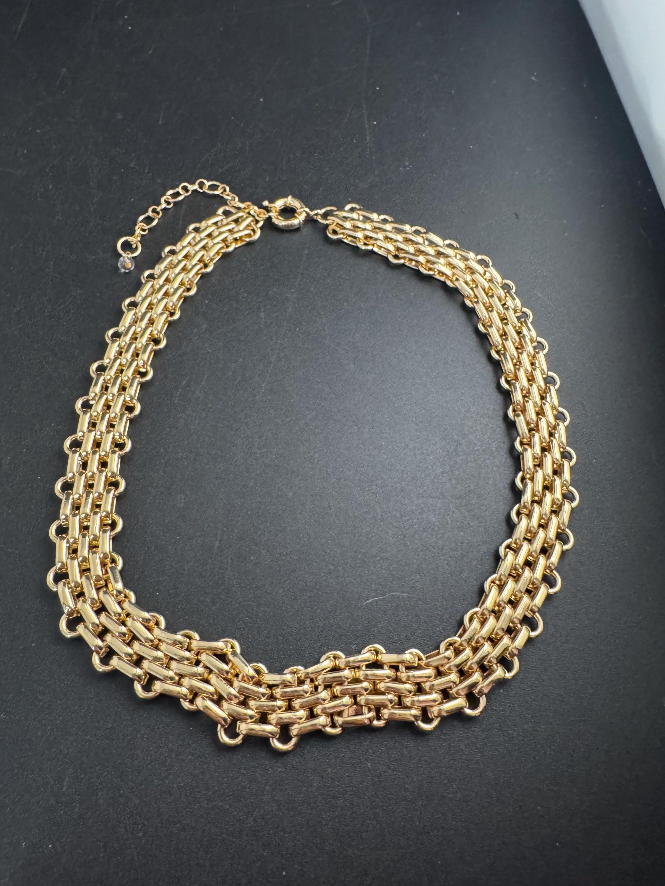 panther link wide gold choker necklace, brick link chain vintage 90s senorita clasp