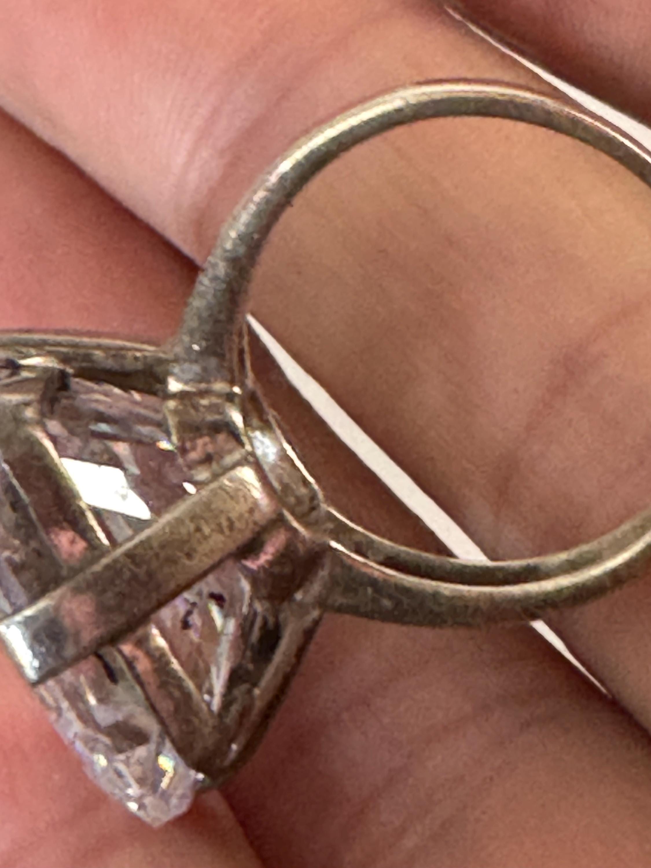 large clear stone cocktail ring, size P.5 modernist 925 sterling silver, signed PK