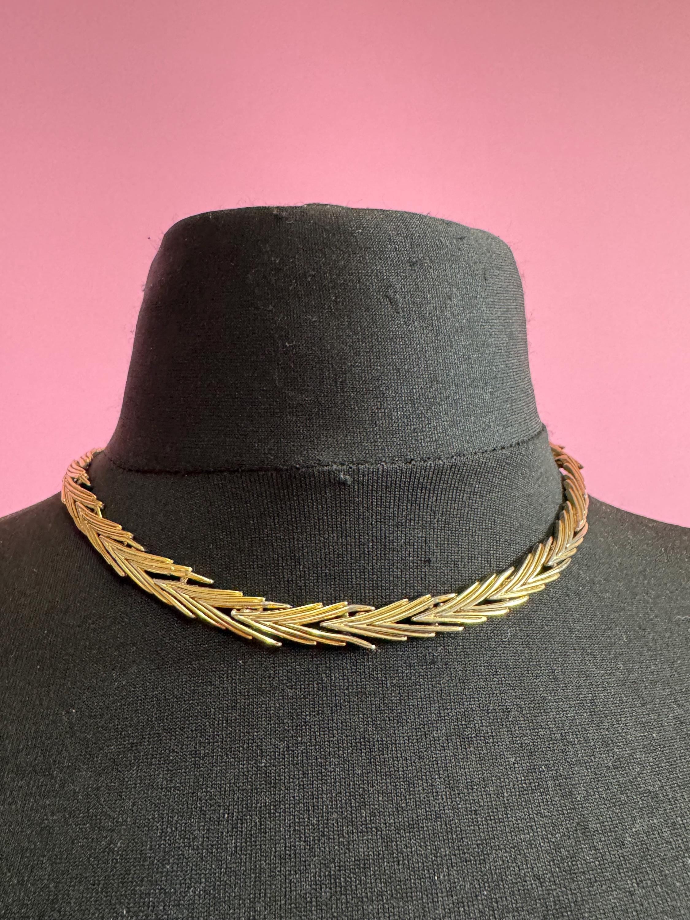 panel link slim choker necklace, 45cm vintage gold plated