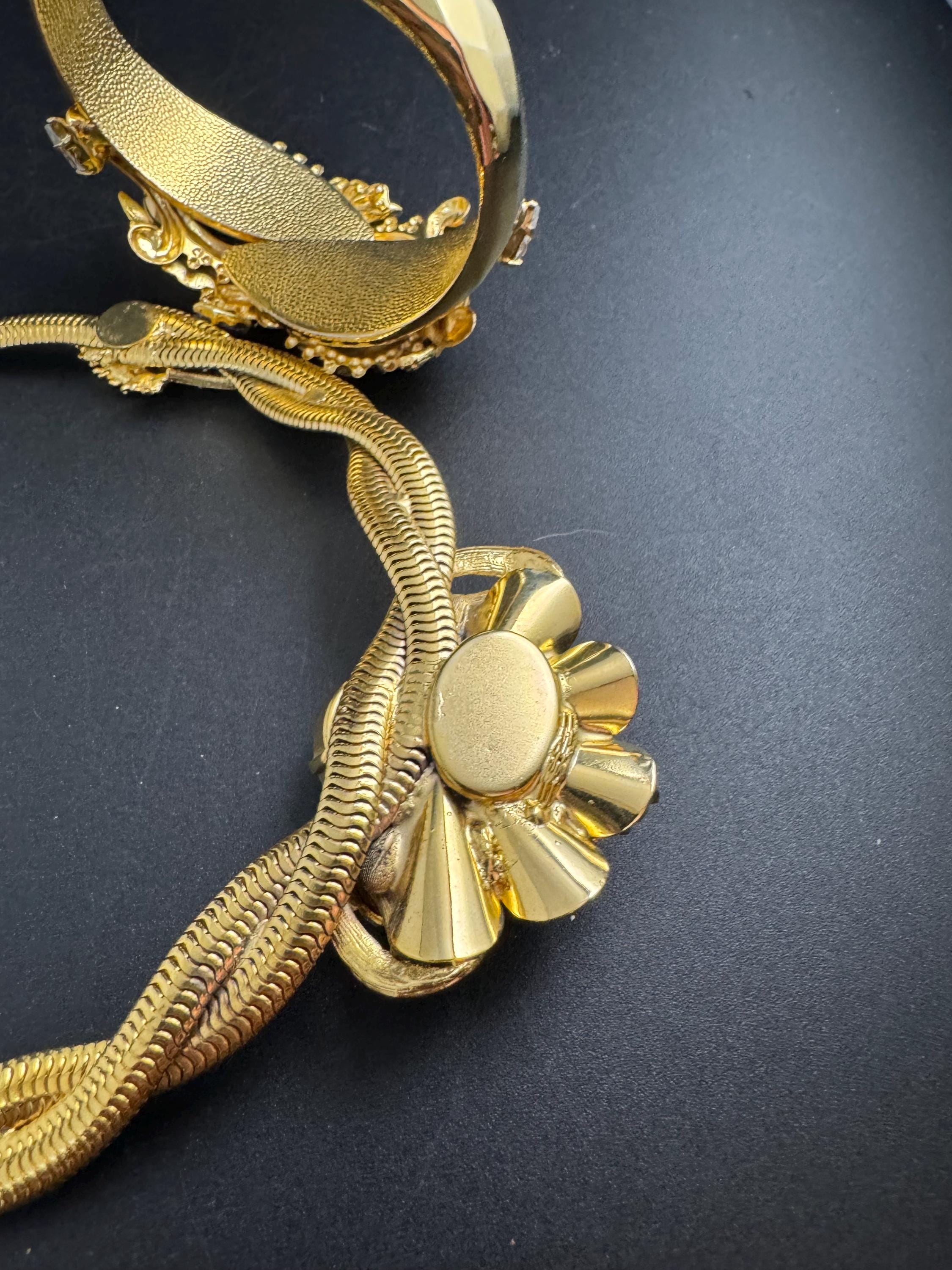 Rhinestone omega jewellery set, matching necklace and clamper bangle vintage Rivoli crystal