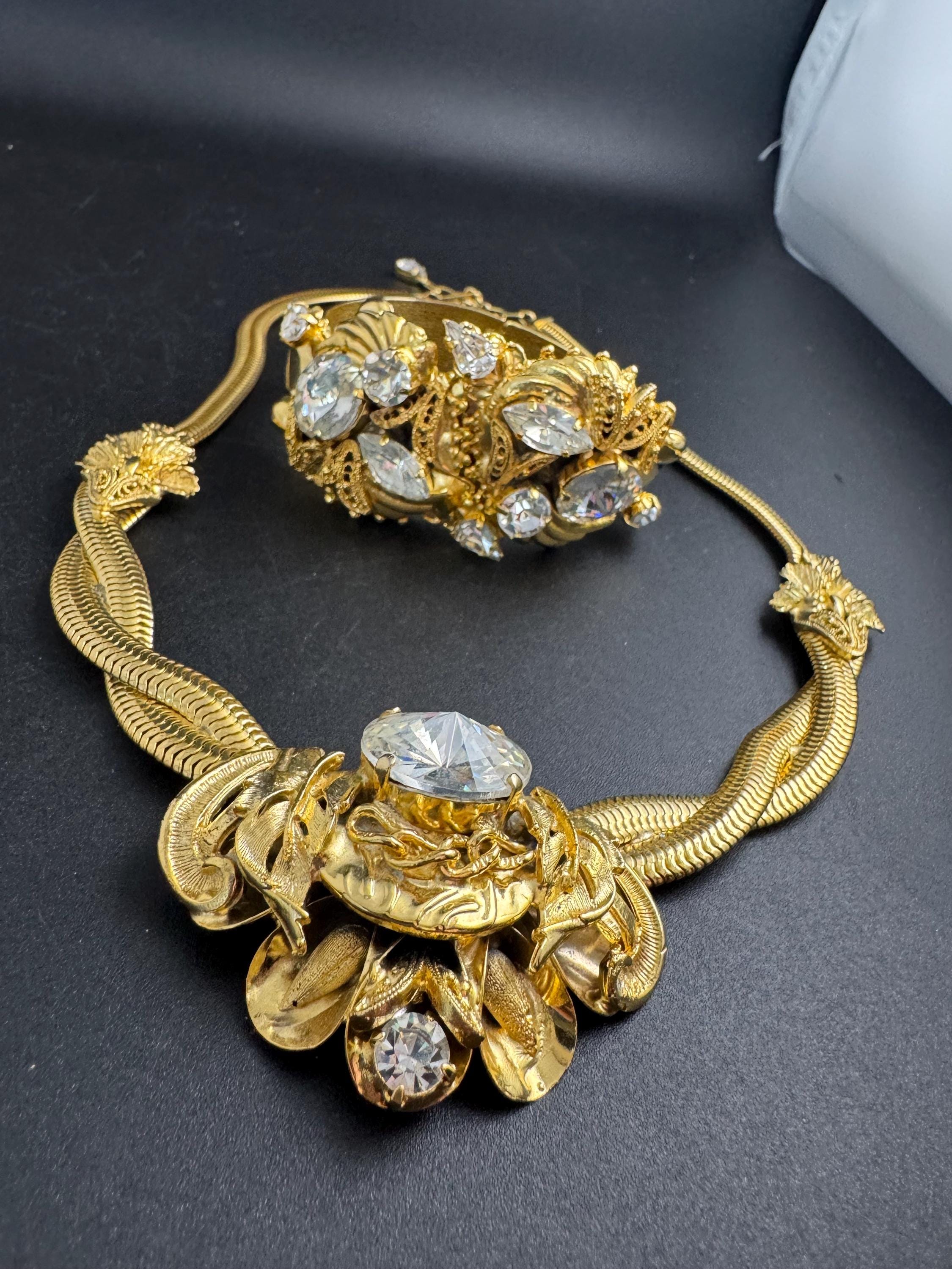 Rhinestone omega jewellery set, matching necklace and clamper bangle vintage Rivoli crystal