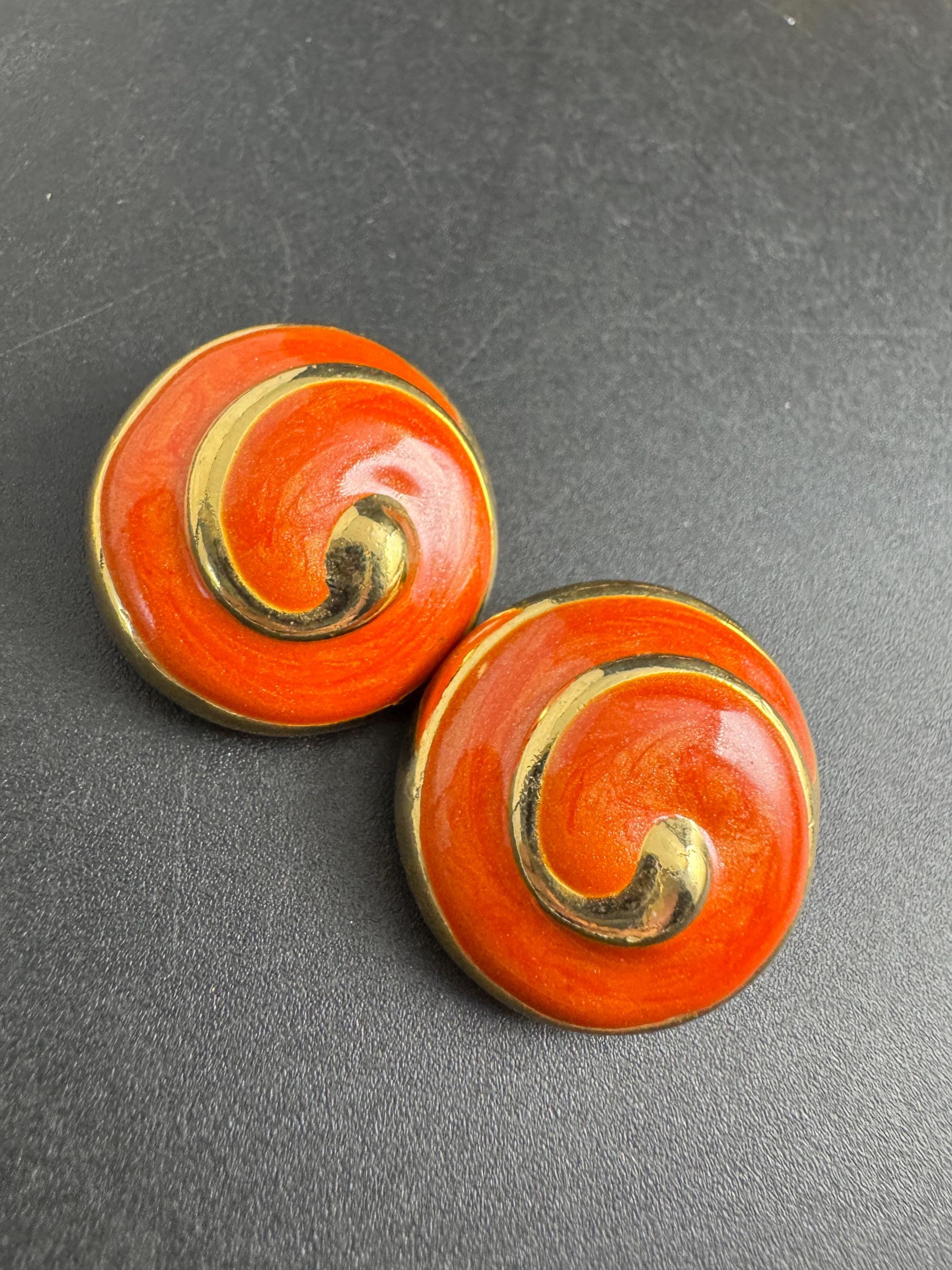 Orange Enamel Clip On Earrings: jaques vert vintage gold plated