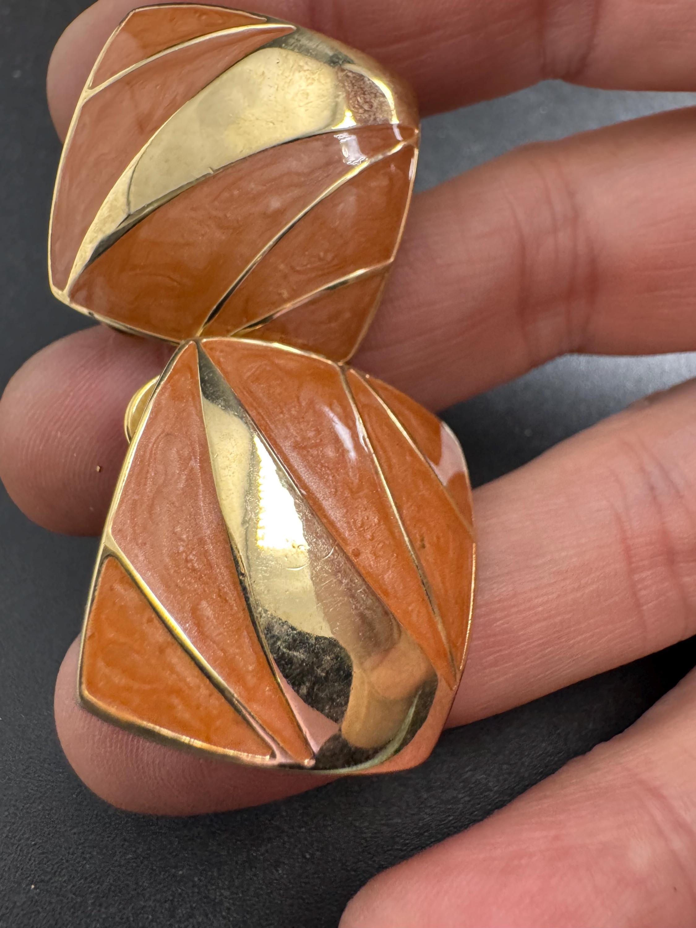 Beige brown Enamel Clip On Earrings: jaques vert vintage gold plated