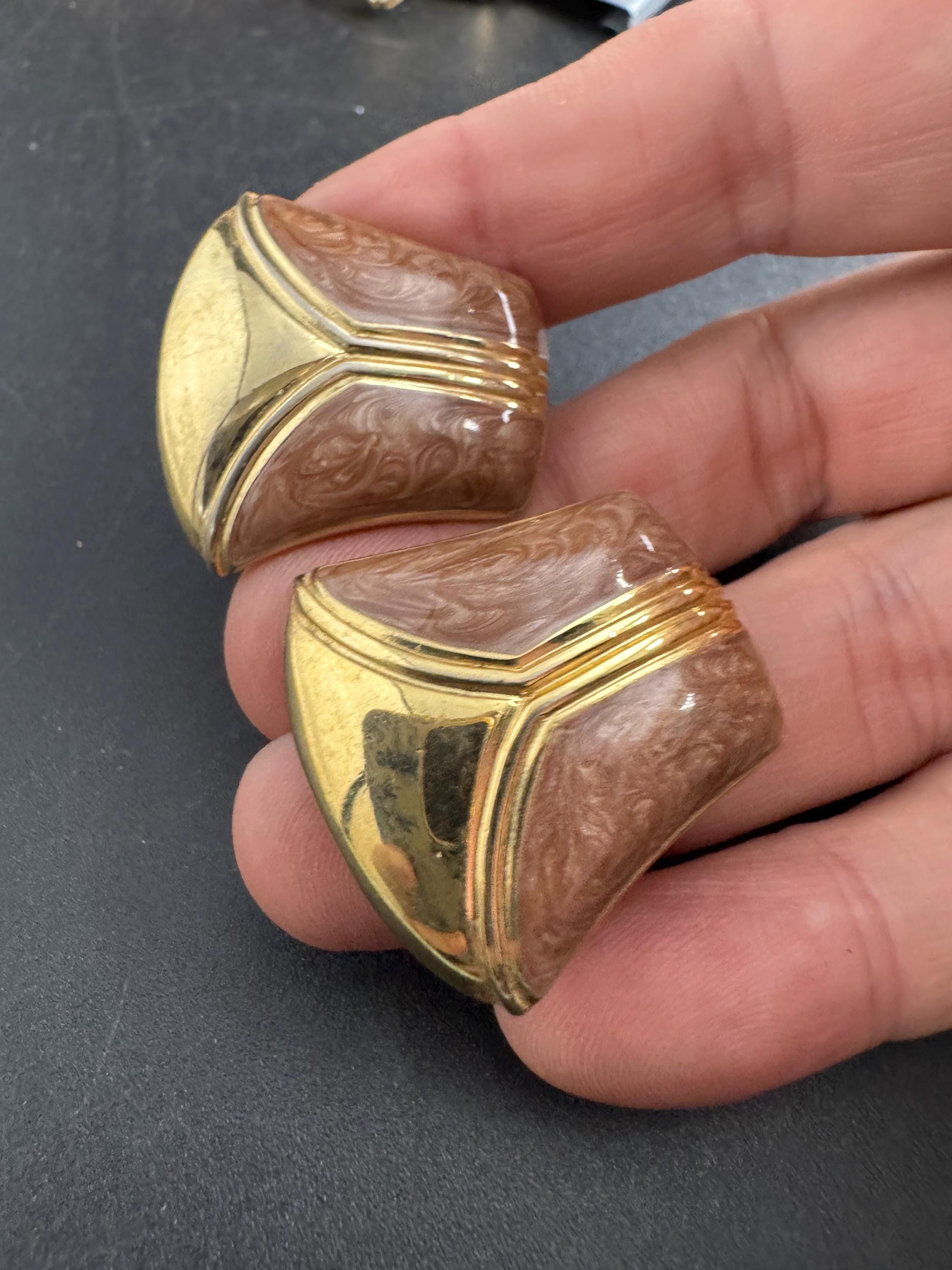 brown Enamel Clip On Earrings: jaques vert vintage gold plated