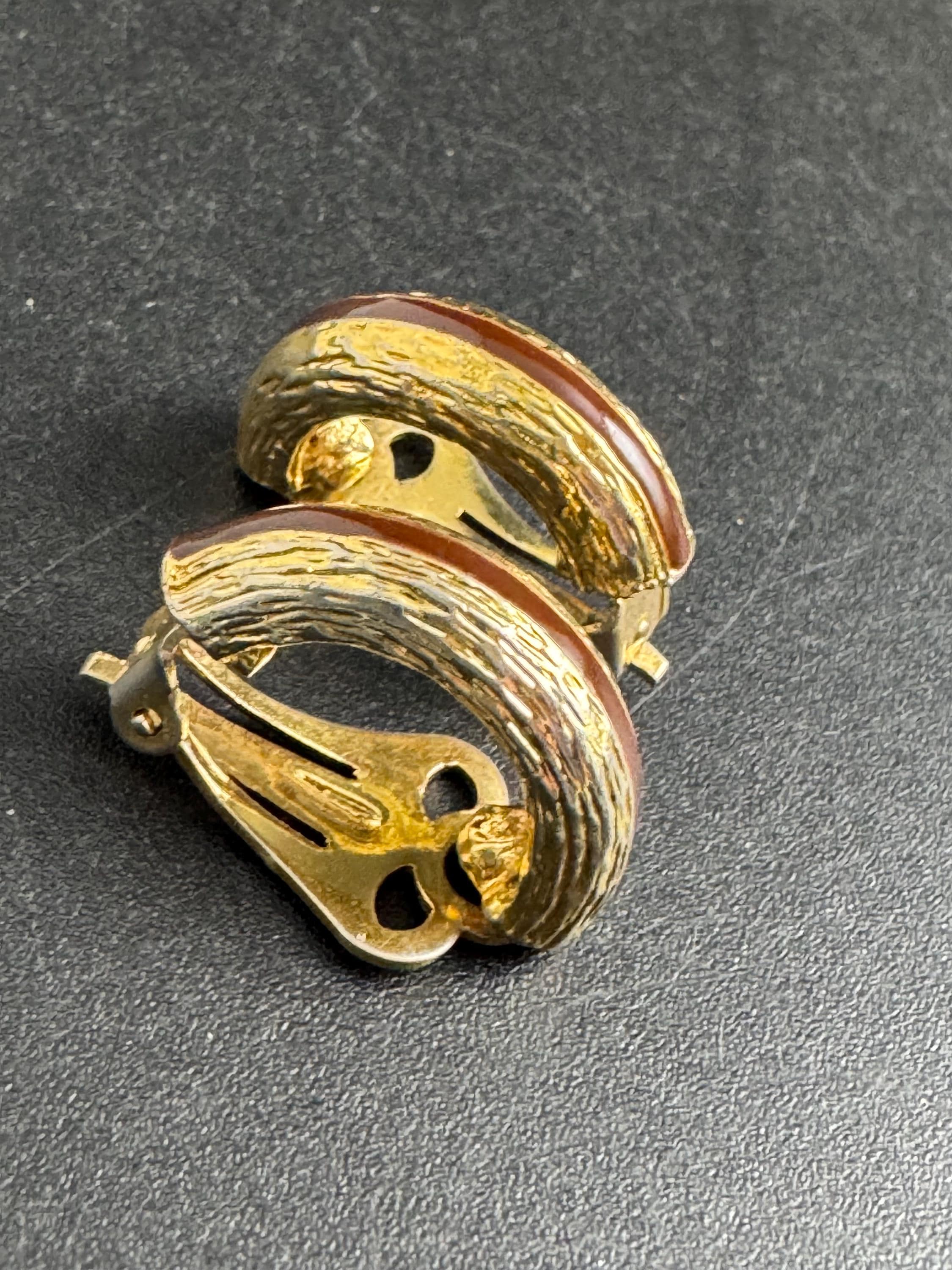 brown Enamel Clip On Earrings: half hoop vintage gold tone