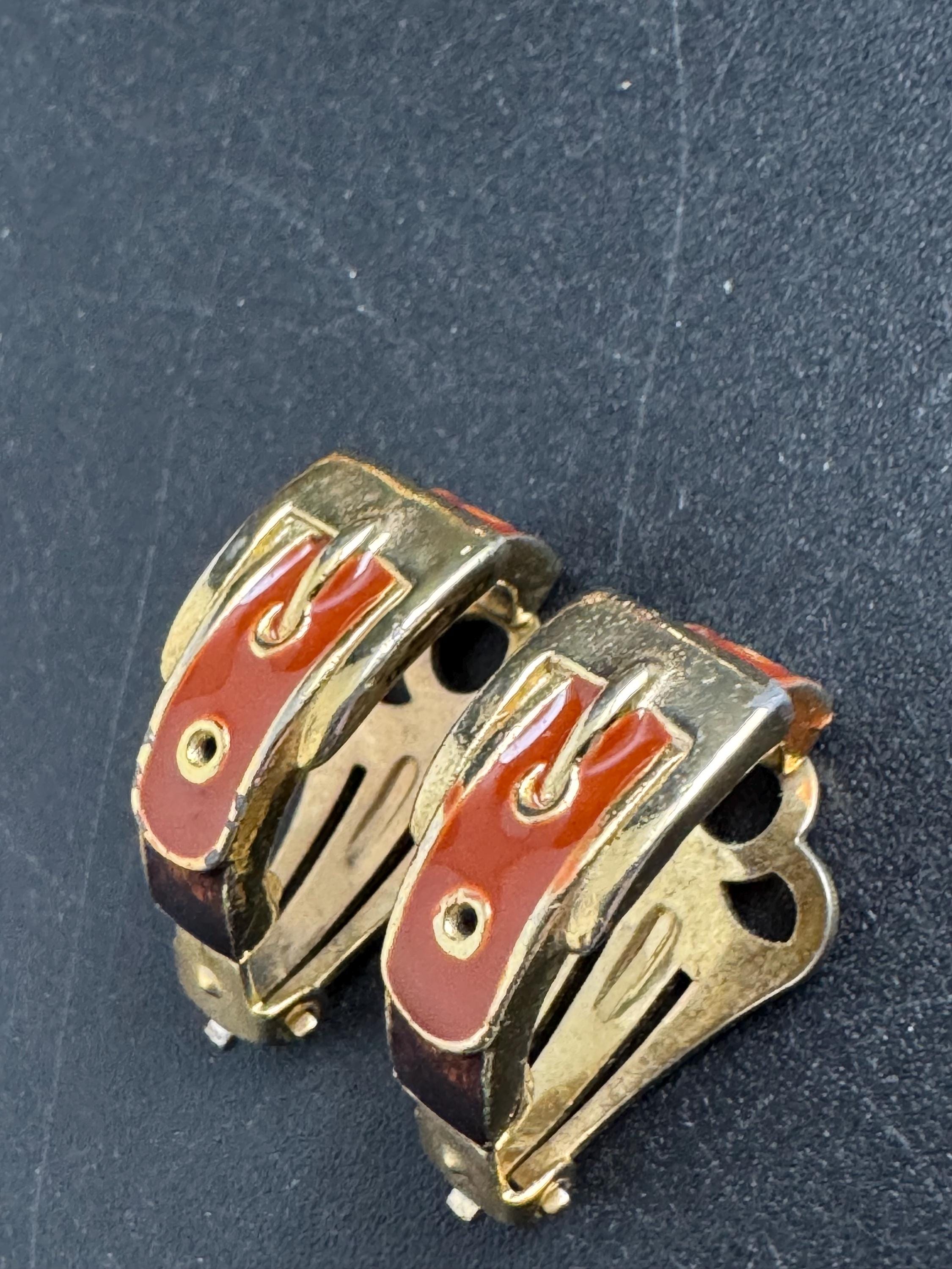 brown Enamel Clip On Earrings: half belt buckle hoop vintage gold tone