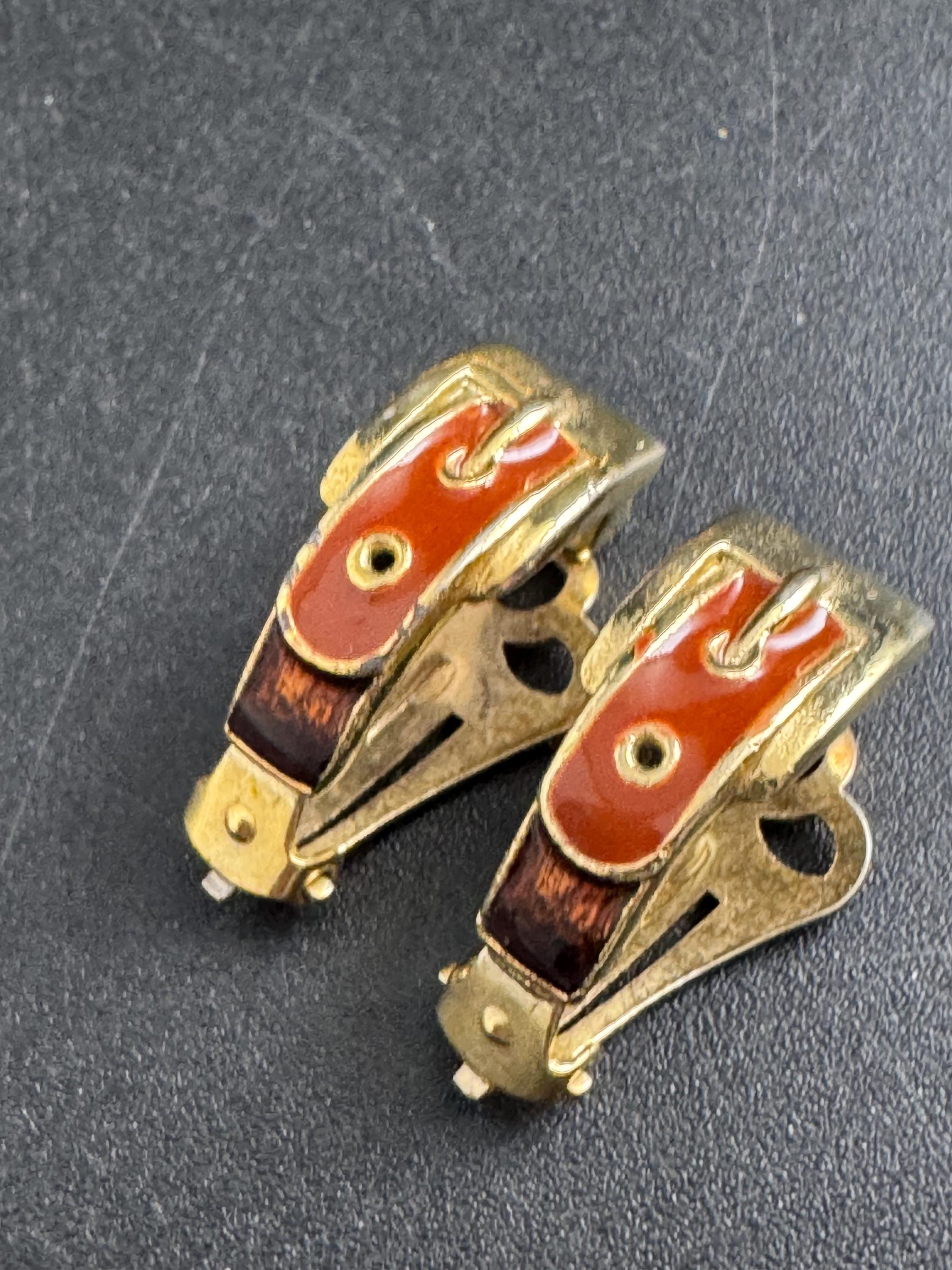 brown Enamel Clip On Earrings: half belt buckle hoop vintage gold tone