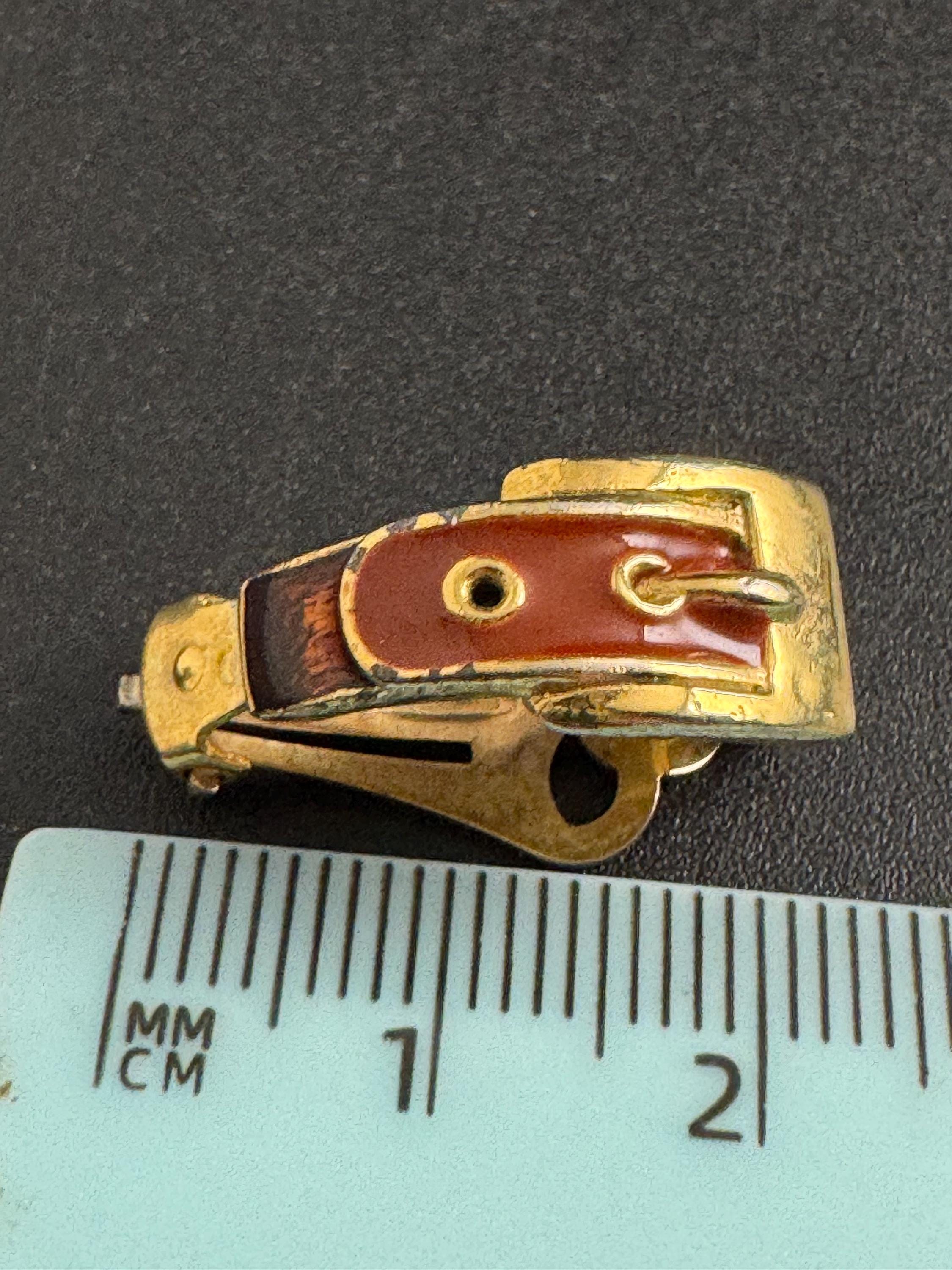 brown Enamel Clip On Earrings: half belt buckle hoop vintage gold tone