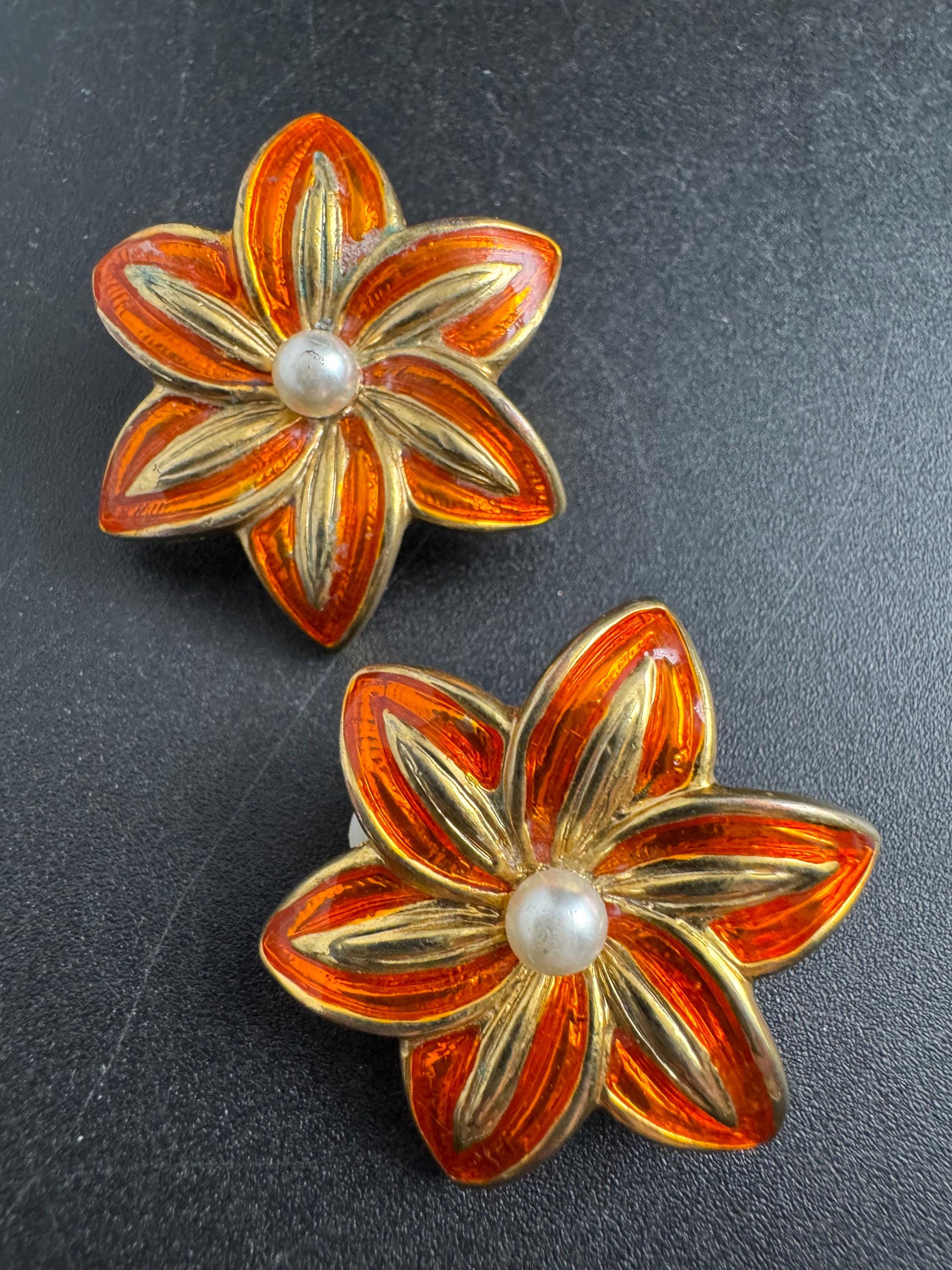 Orange flower Enamel Clip On Earrings: jaques vert vintage gold plated faux pearl
