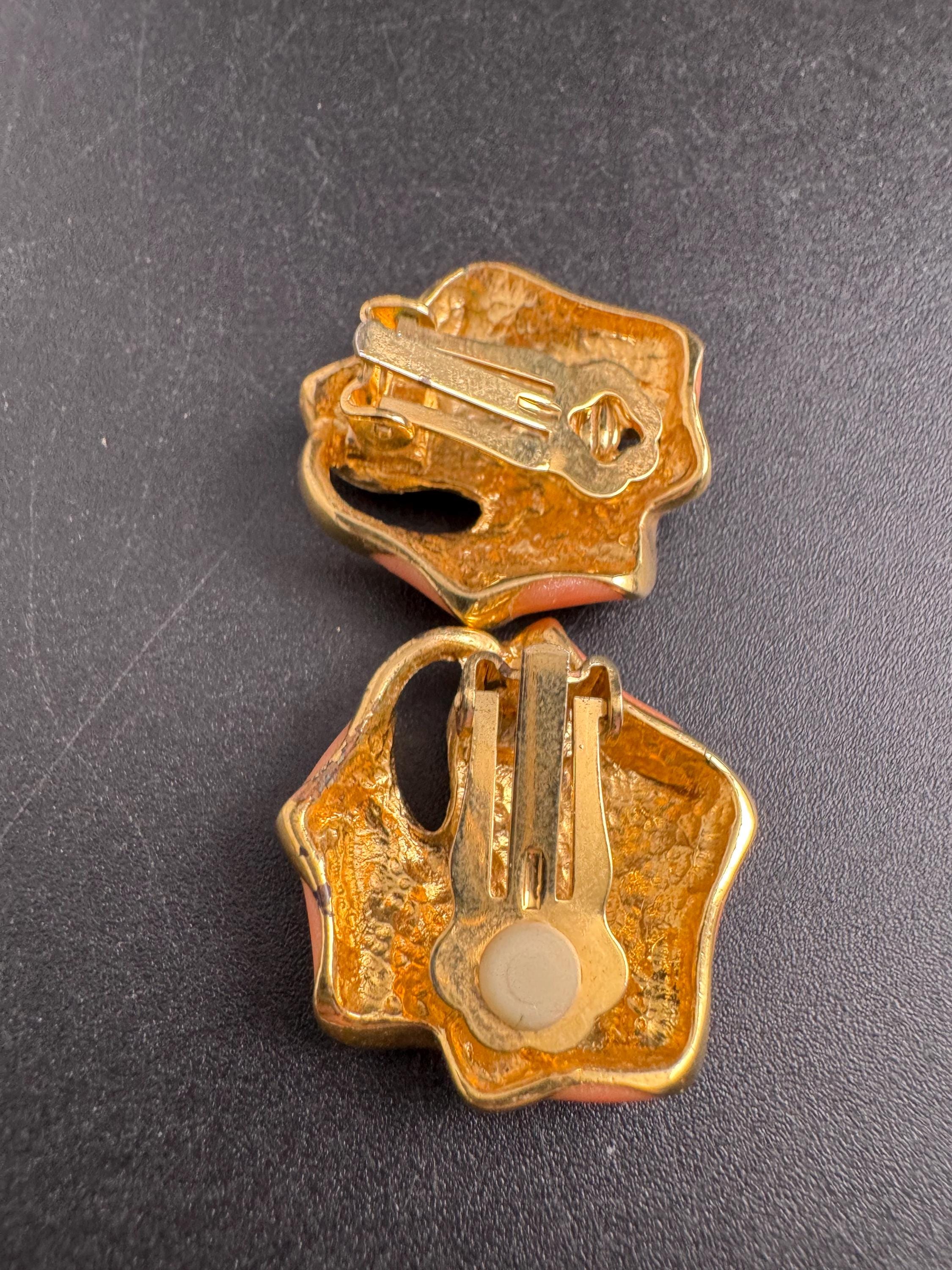 Jaques Vert Gold pink Enamel Clip On Earrings: Salmon Vintage Style