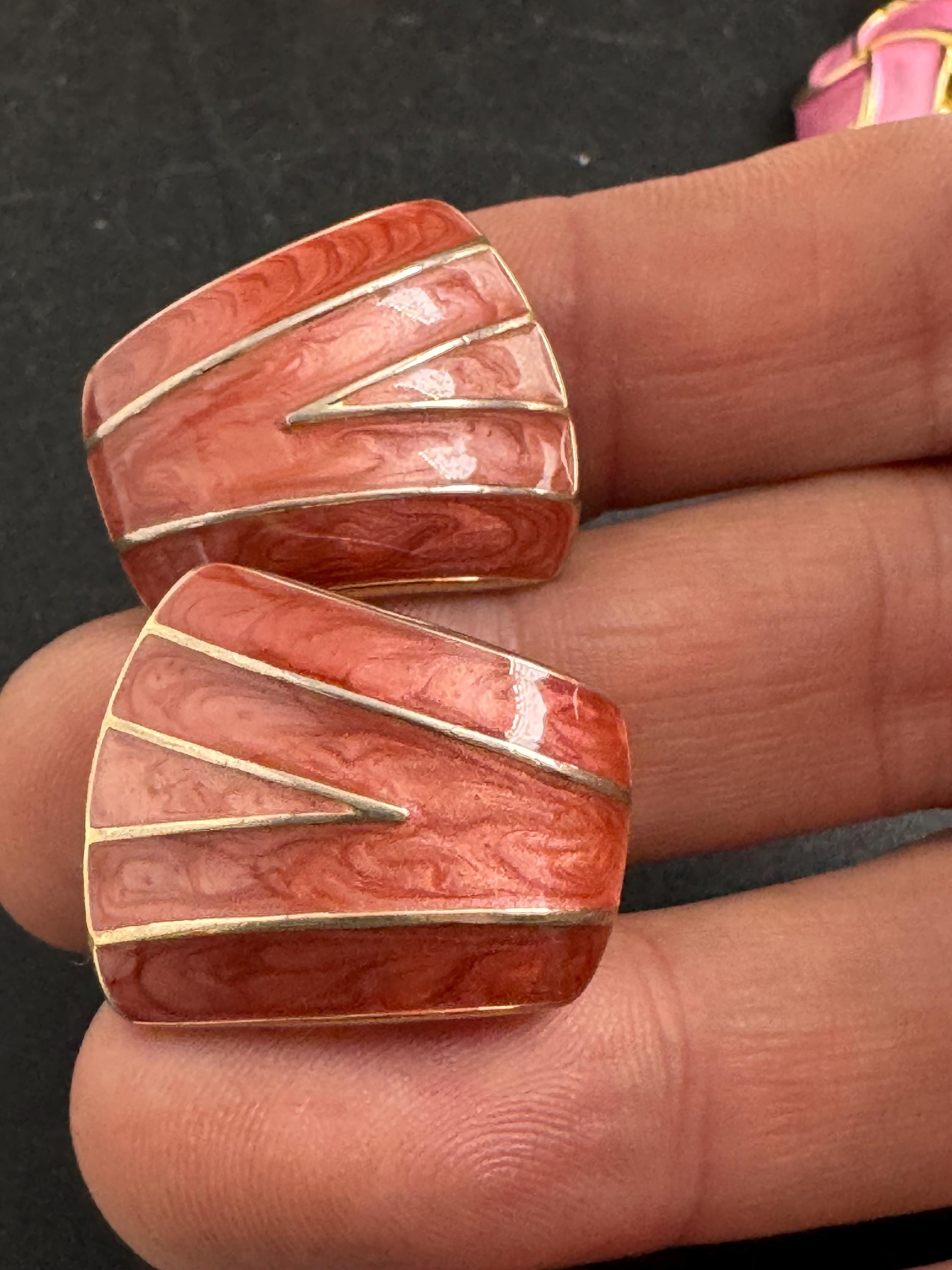 Pink Enamel Clip On Earrings: vintage gold plated dusky rose pink