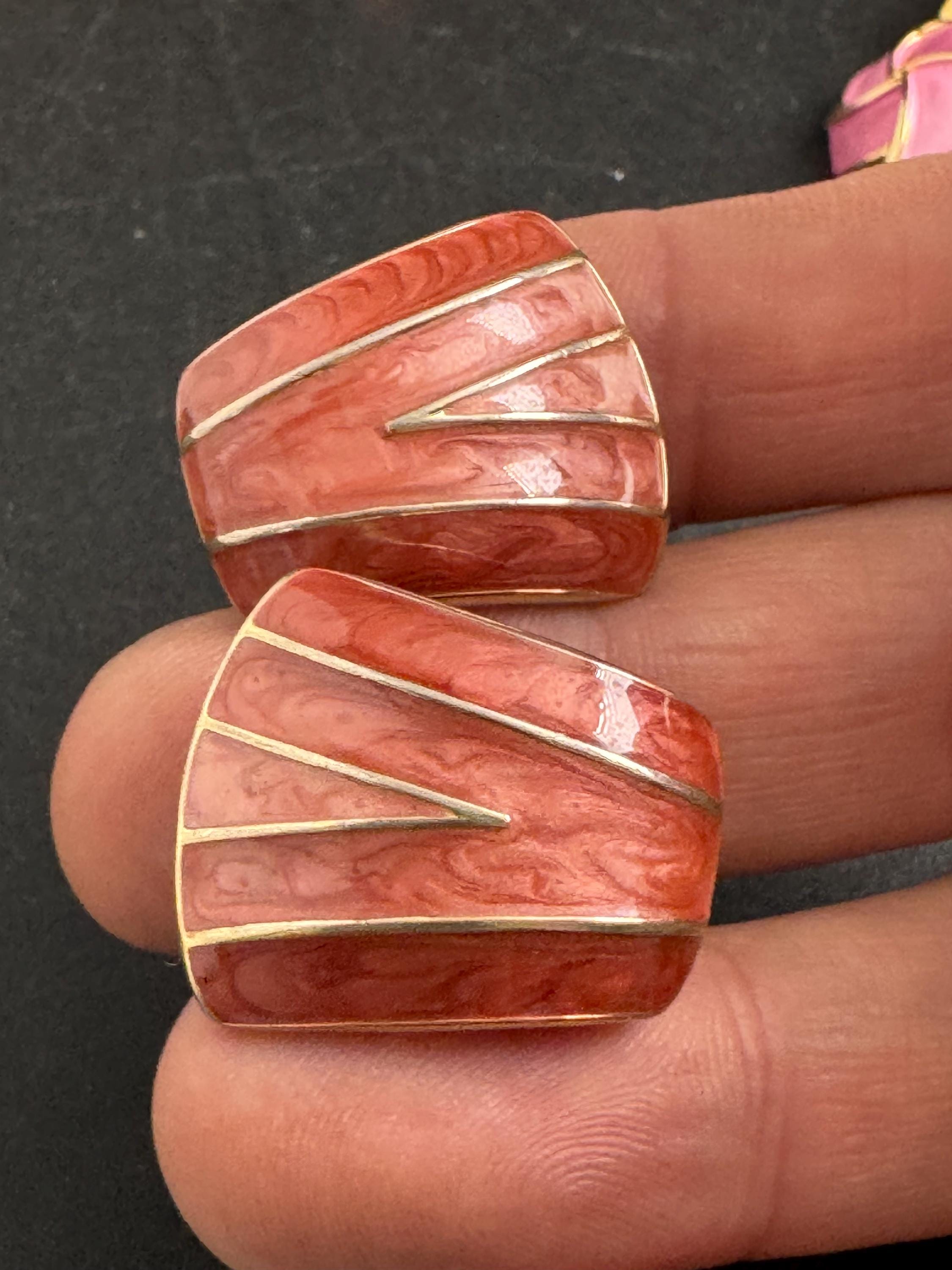 Pink Enamel Clip On Earrings: vintage gold plated dusky rose pink
