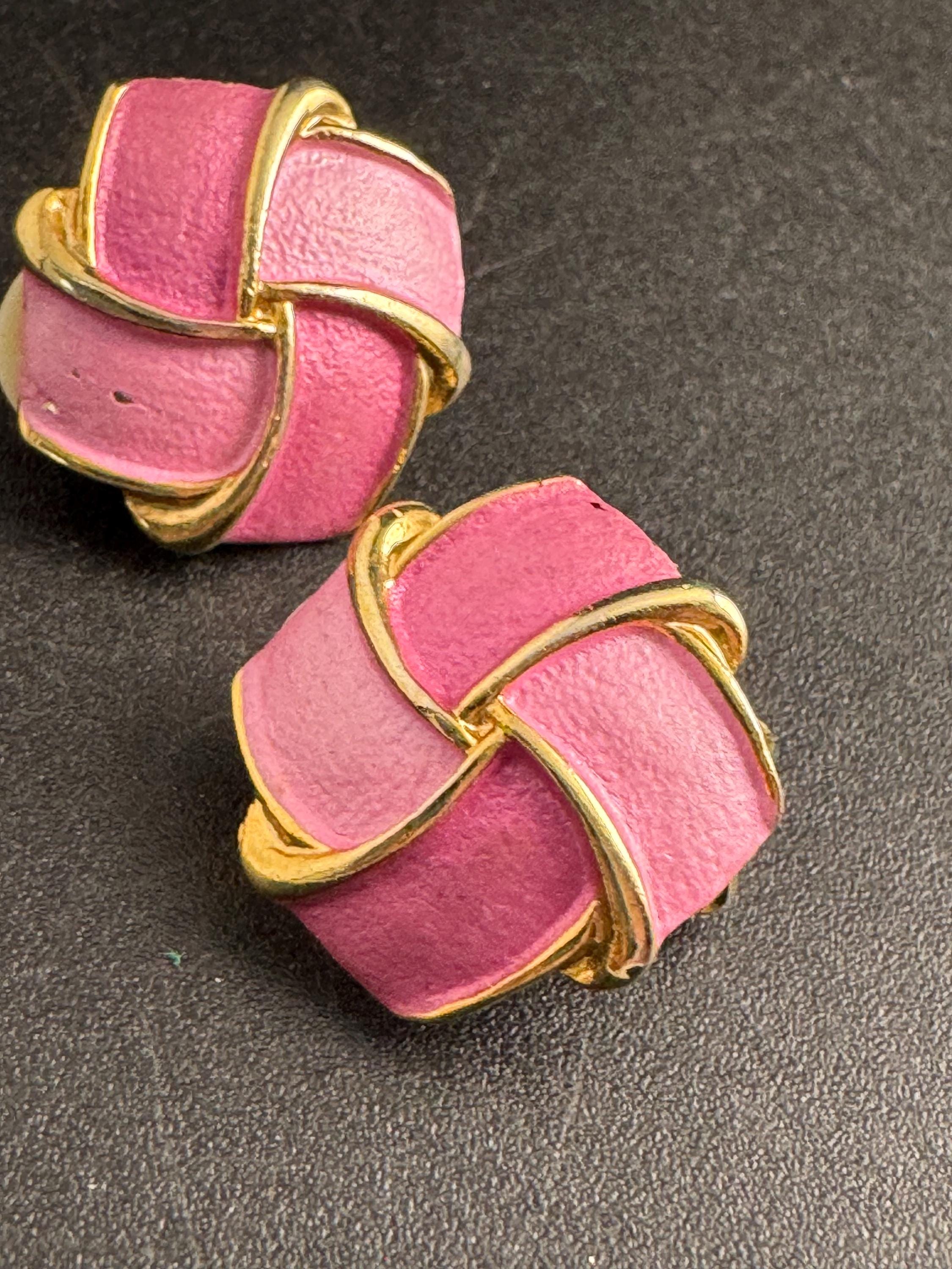 Pink Enamel Clip On Earrings: vintage gold plated