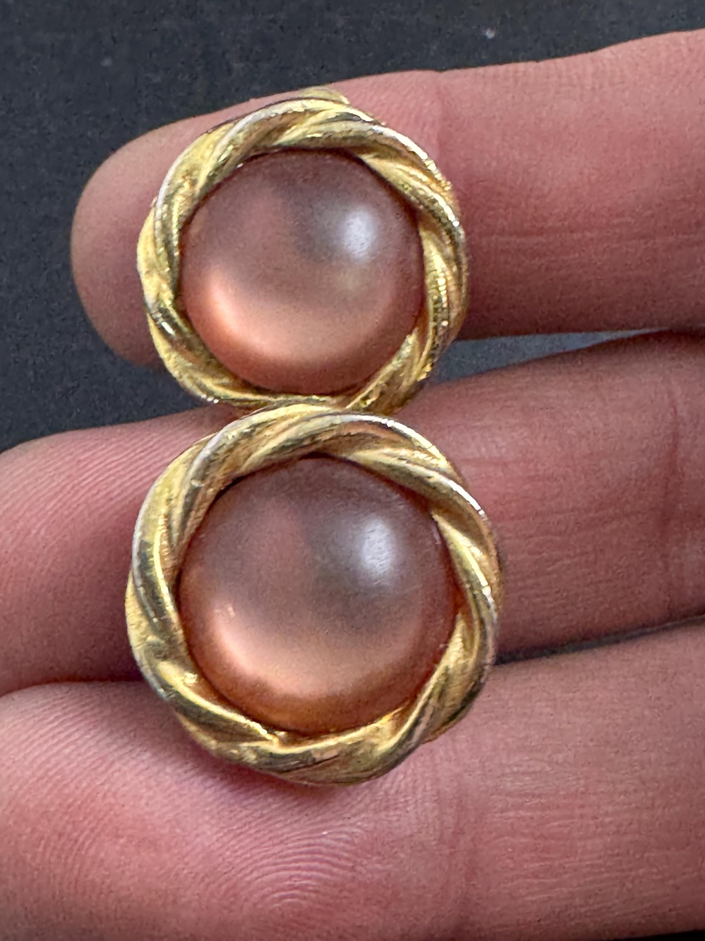 Frosted Pink Clip On Earrings: signed DMJ vintage gold tone